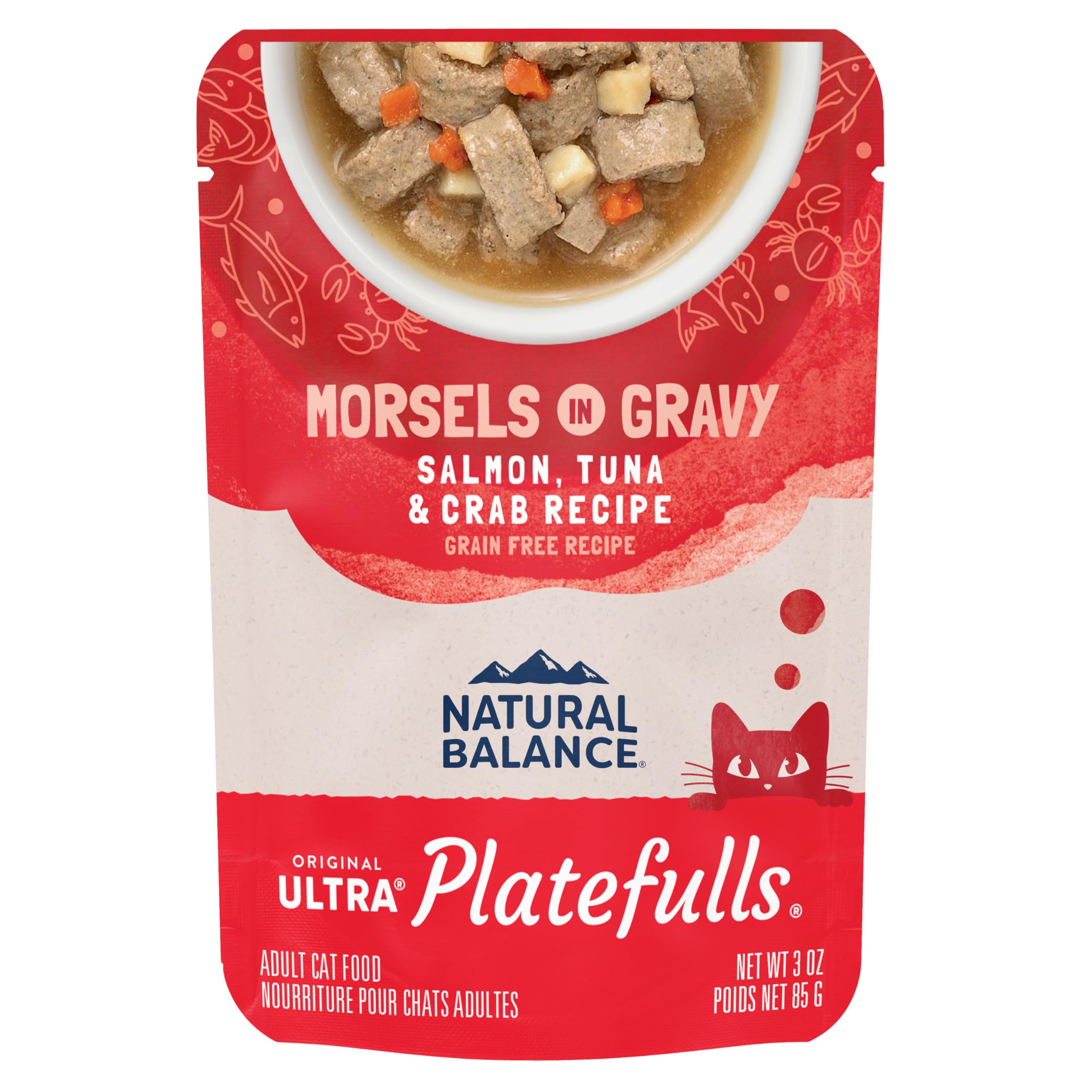 Natural Balance Original Ultra Platefulls Adult Grain-Free Wet Cat Food, Salmon, Tuna & Crab Recipe in Gravy, 3 Ounce Pouch (Pac