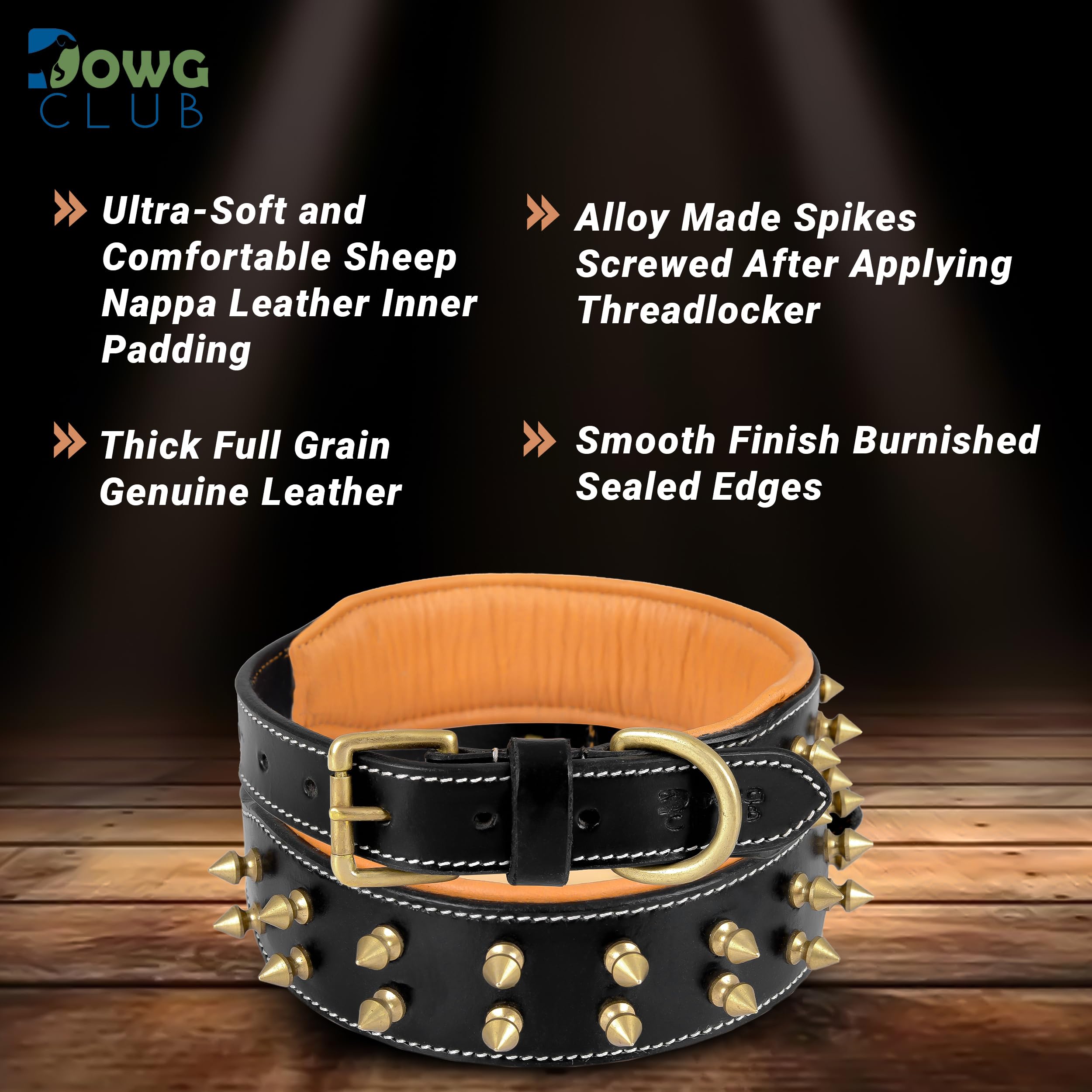 Dowgclub Spiked Leather Dog Collar - 1.75' Wide Full Grain Bridle Leather, Heavy Duty, Padded & Adjustable - For Medium Breeds