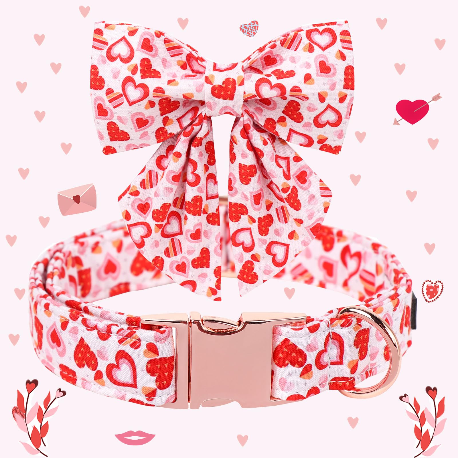 Maca Bates Valentines Sweet Heart Dog Collar with Bow Bowtie for Dogs Sailor Bow Tie Adjustable Breakaway Red Collars Accessorie