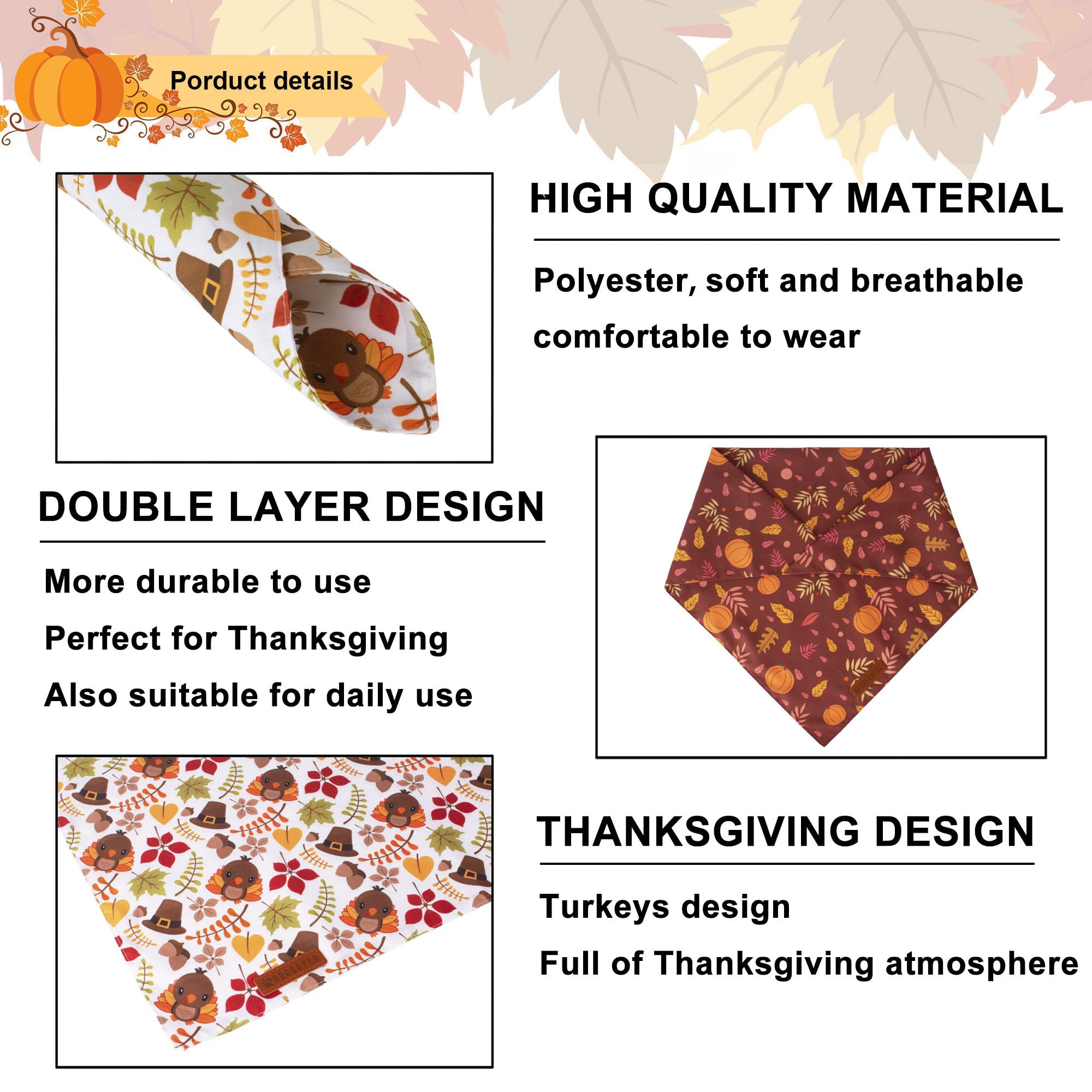 Adoggygo Thanksgiving Dog Bandana, Pumpkin Turkey Pet Scarf, Multi Size Offered, Fall Autumn Leaves Thanksgiving Bandanas For Sm