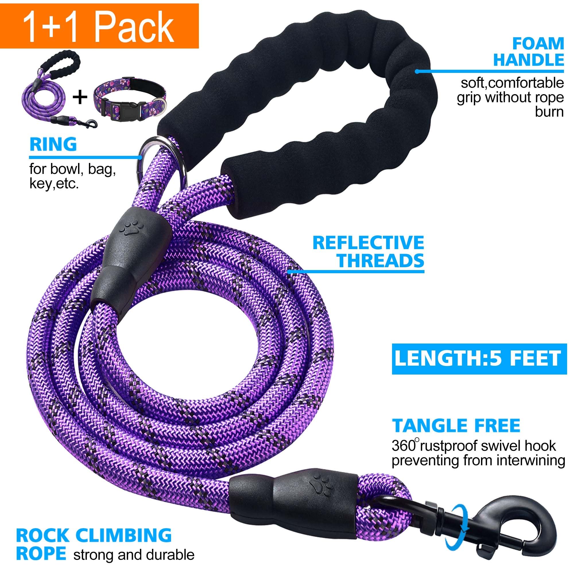 Ladoogo Reflective Dog Collar Padded With Soft Neoprene Breathable Adjustable Nylon Dog Collars For Small Medium Large Dogs (Medium (Pack Of 1), Purple/Pink Floral Collar+Leash)