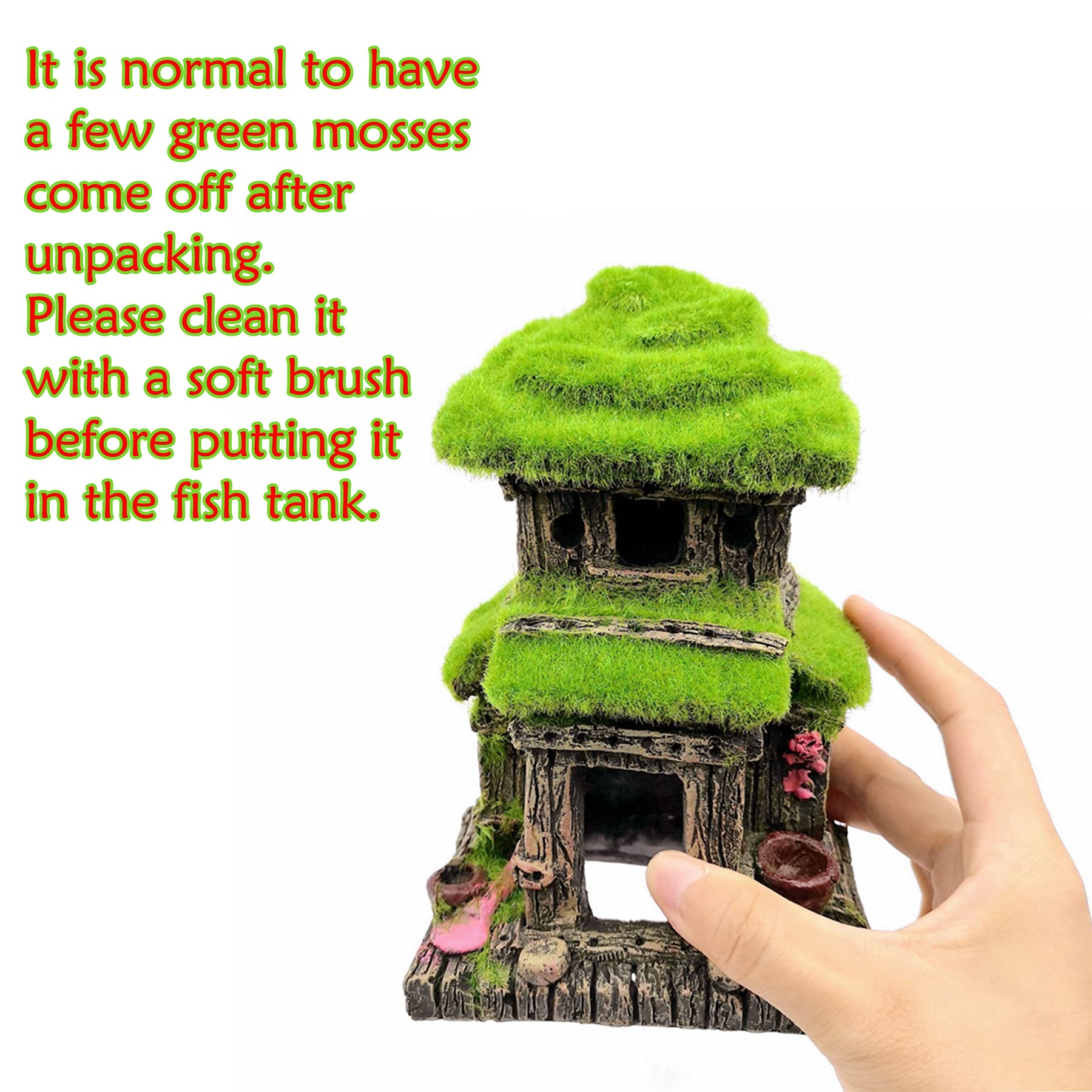 M2Cbridge Aquarium Decorations Fish Hideout House Betta Cave With Green Lifelike Moss (Style 3)