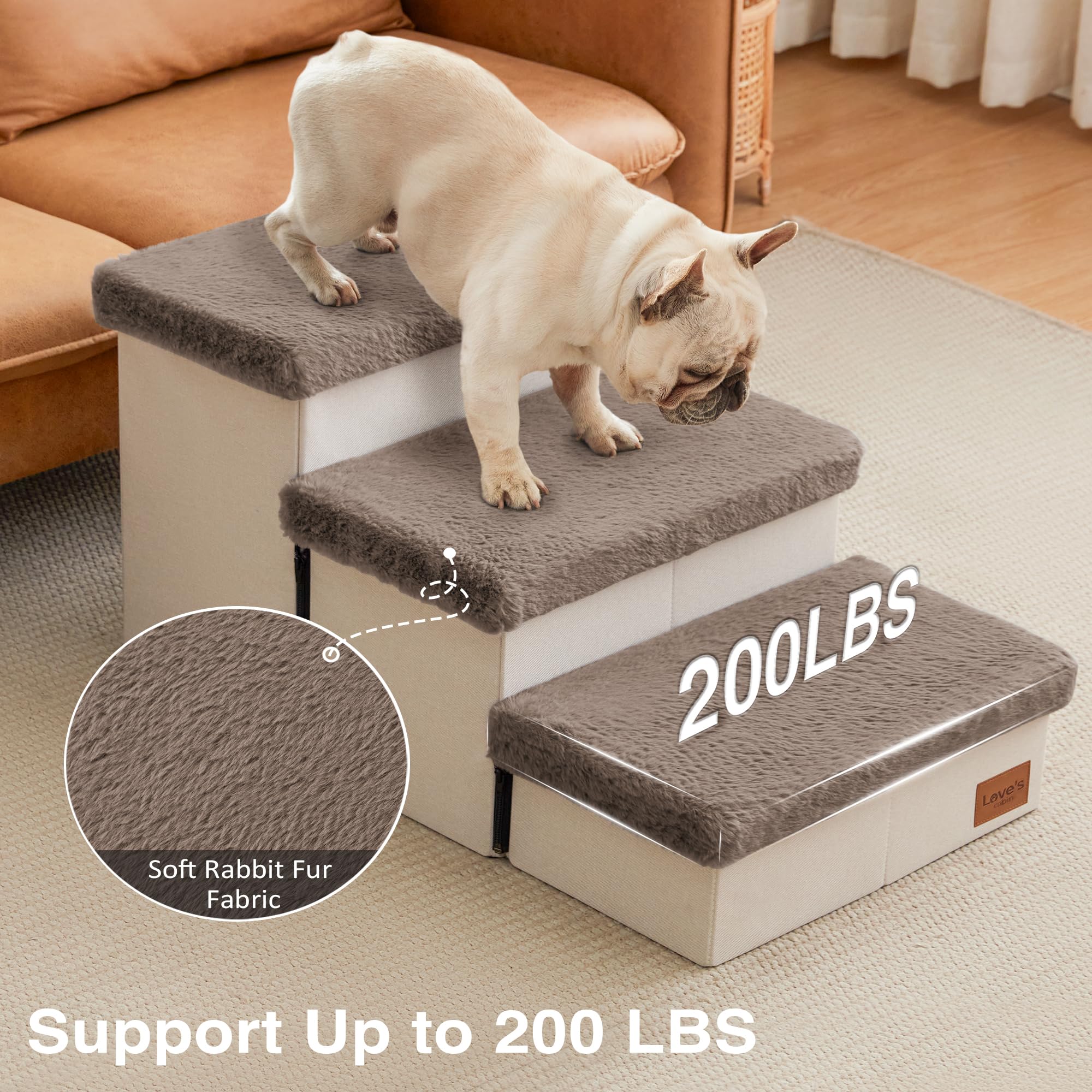 Love's Cabin Dog Stairs - 3 Steps, Foldable, 18" H, Brown Furry Lid for Small to Large Dogs, Supports up to 200 lbs