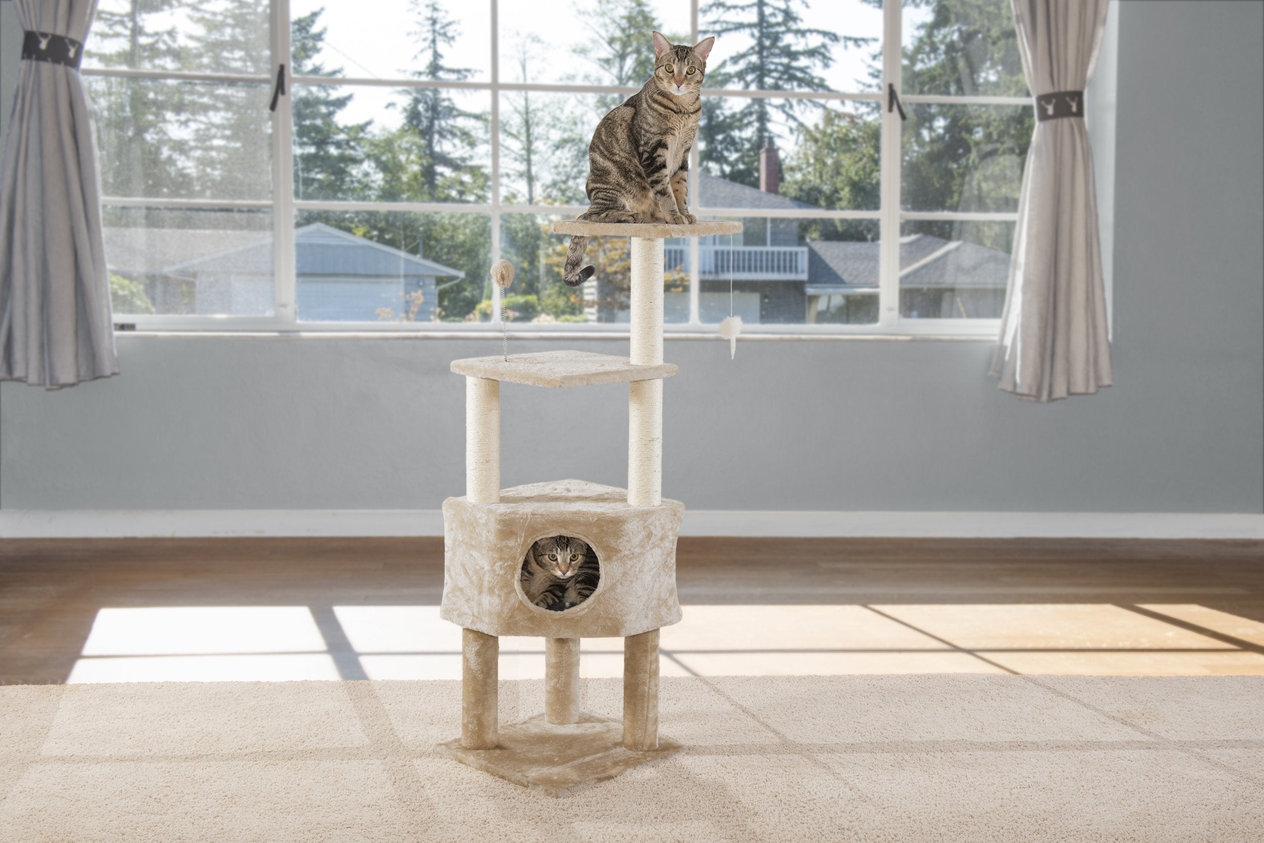 Furhaven Tiger Tough Cat Tree Soft Clubhouse Playground W/ Toys & Condo - Cream, One Size
