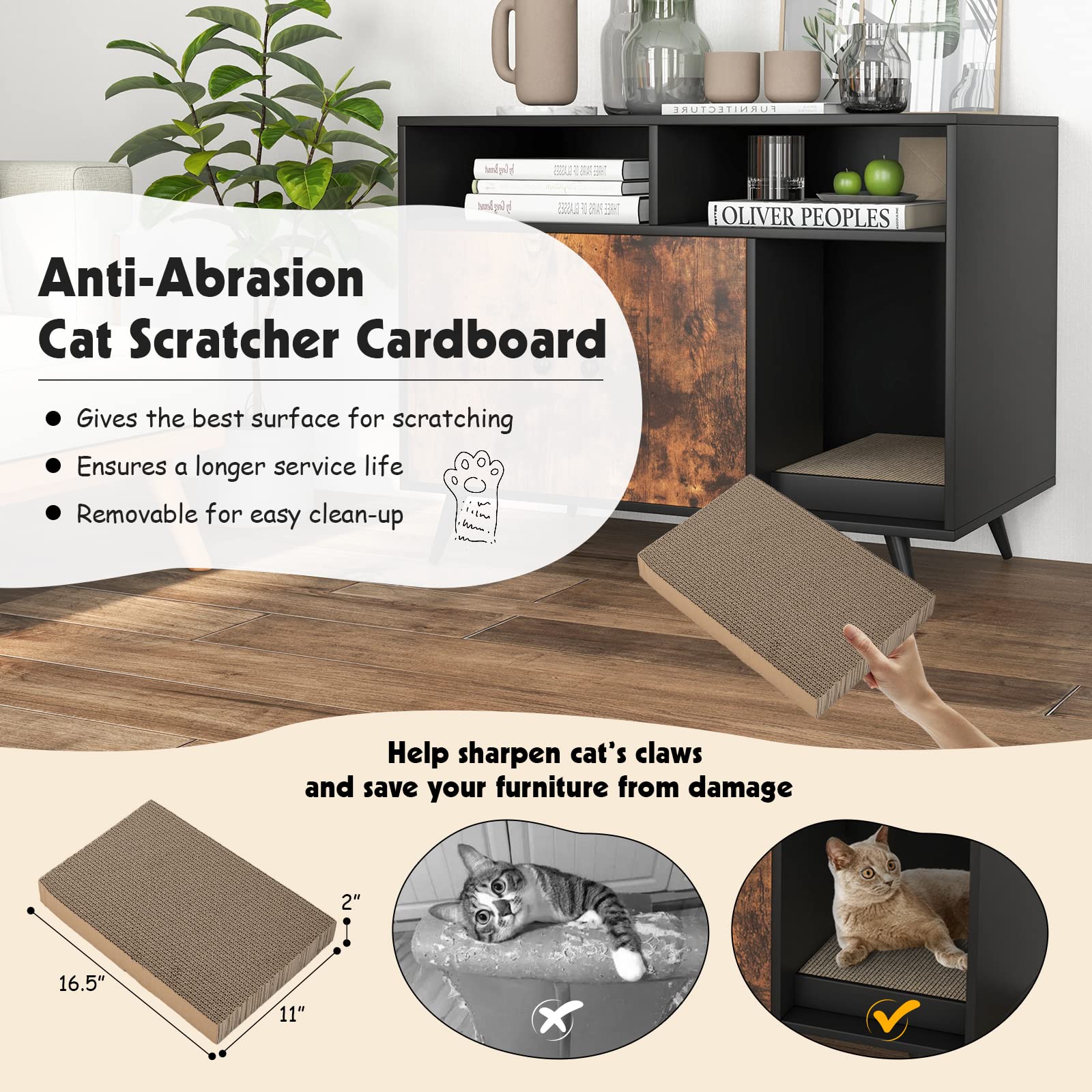 Petsite Litter Box Enclosure, Wooden Cat Litter Box Furniture Hidden With Shelves & Scratching Pad, Kitty Large Litter Box Washroom Cabinet End Table