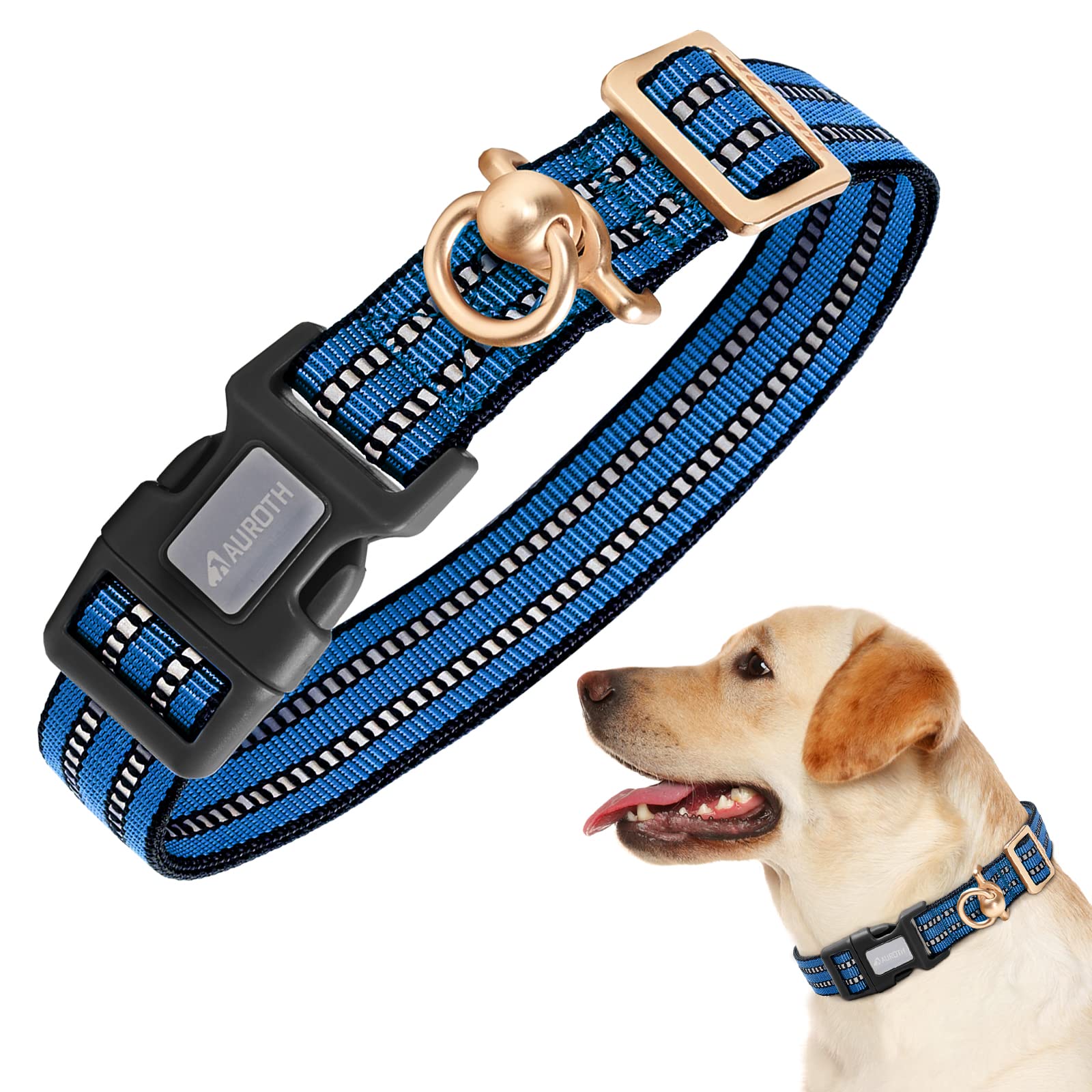 Auroth Dog Collar For Medium Large Dogs, Reflective Dog Collar, Soft Nylon Adjustable Dog Collars With Heavy Duty Metal D Ring T