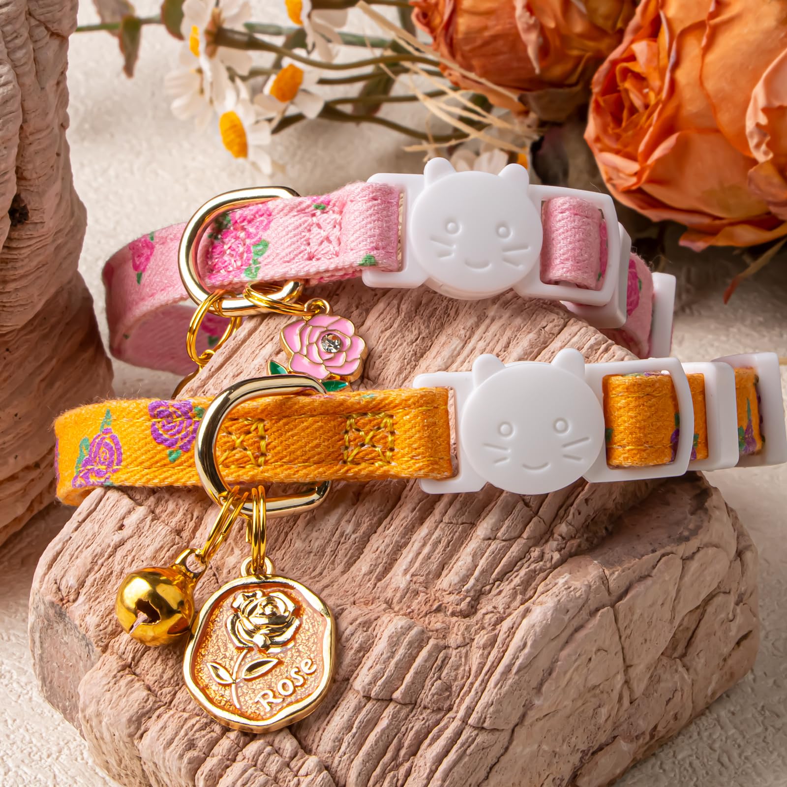 2 Pack Cotton Breakaway Cat Collar Yellow And Pink Rose Pendant Cute Kitten Cat Collar With Bell