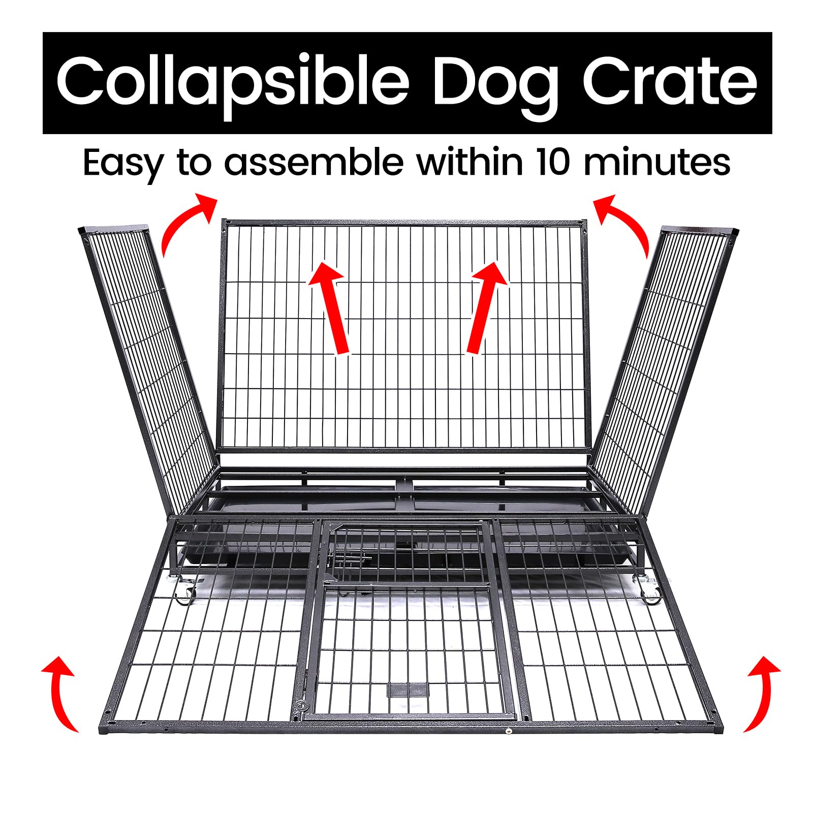 Homey Pet 43 Stackable and Collapsible Heavy Duty Dog Crate Cage Kennel with Feeding Door, Four Lockable Casters, Removable Tray