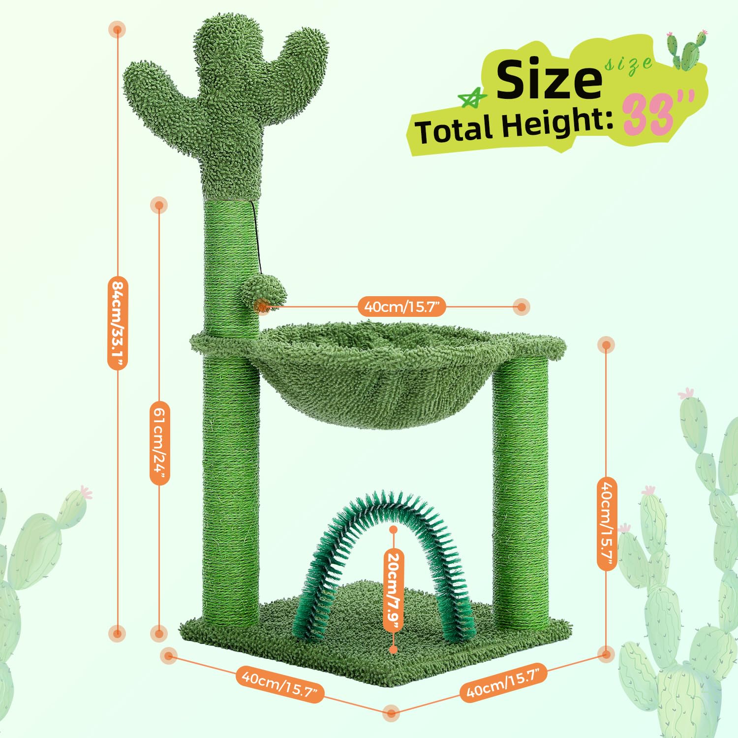 Pawz Road Cactus Cat Tree, 33 Inchs Cat Tower With Cat Self Groomer, Soft Hammock And Fully Wrapped Sisal Scratching Post For In