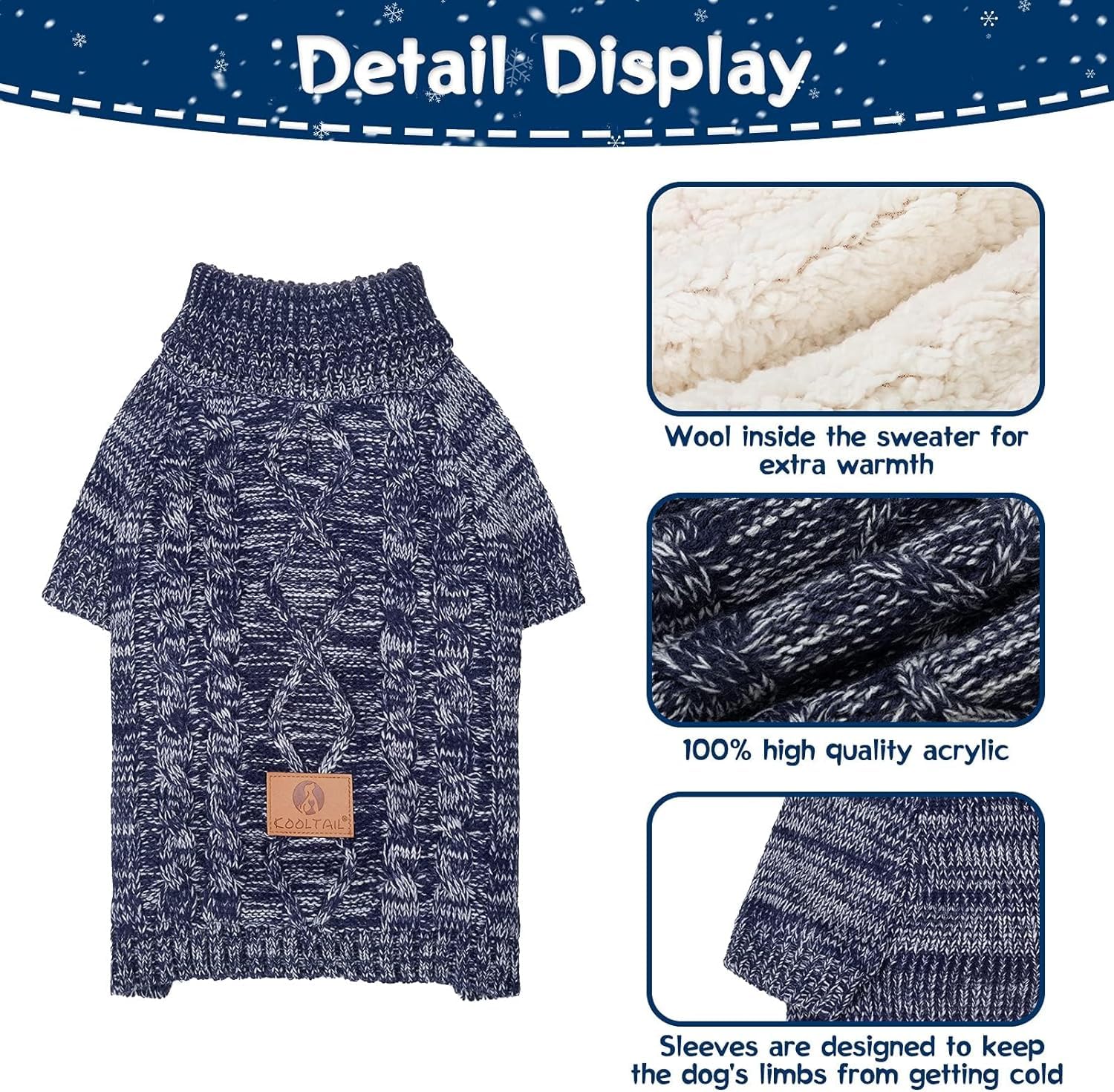 Kooltail Cable Knit Dog Sweater Turtleneck, Cold Weather Pullover Classic Knitwear, Thick Warm Winter Pet Clothes, Fall Maple Le