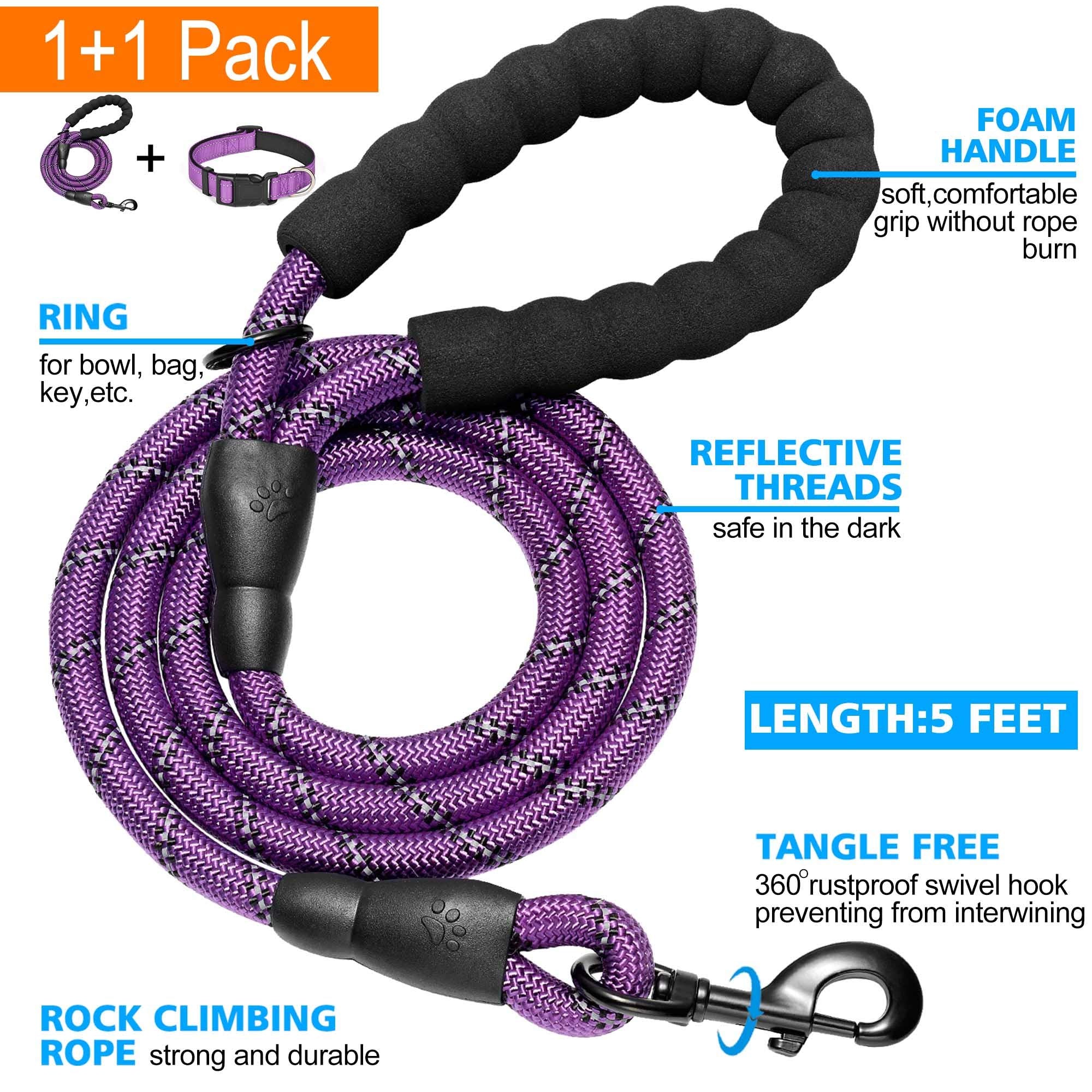 Ladoogo Reflective Dog Collar Padded With Soft Neoprene Breathable Adjustable Nylon Dog Collars For Small Medium Large Dogs (X-Small (Pack Of 1), Purple Collar+Leash)