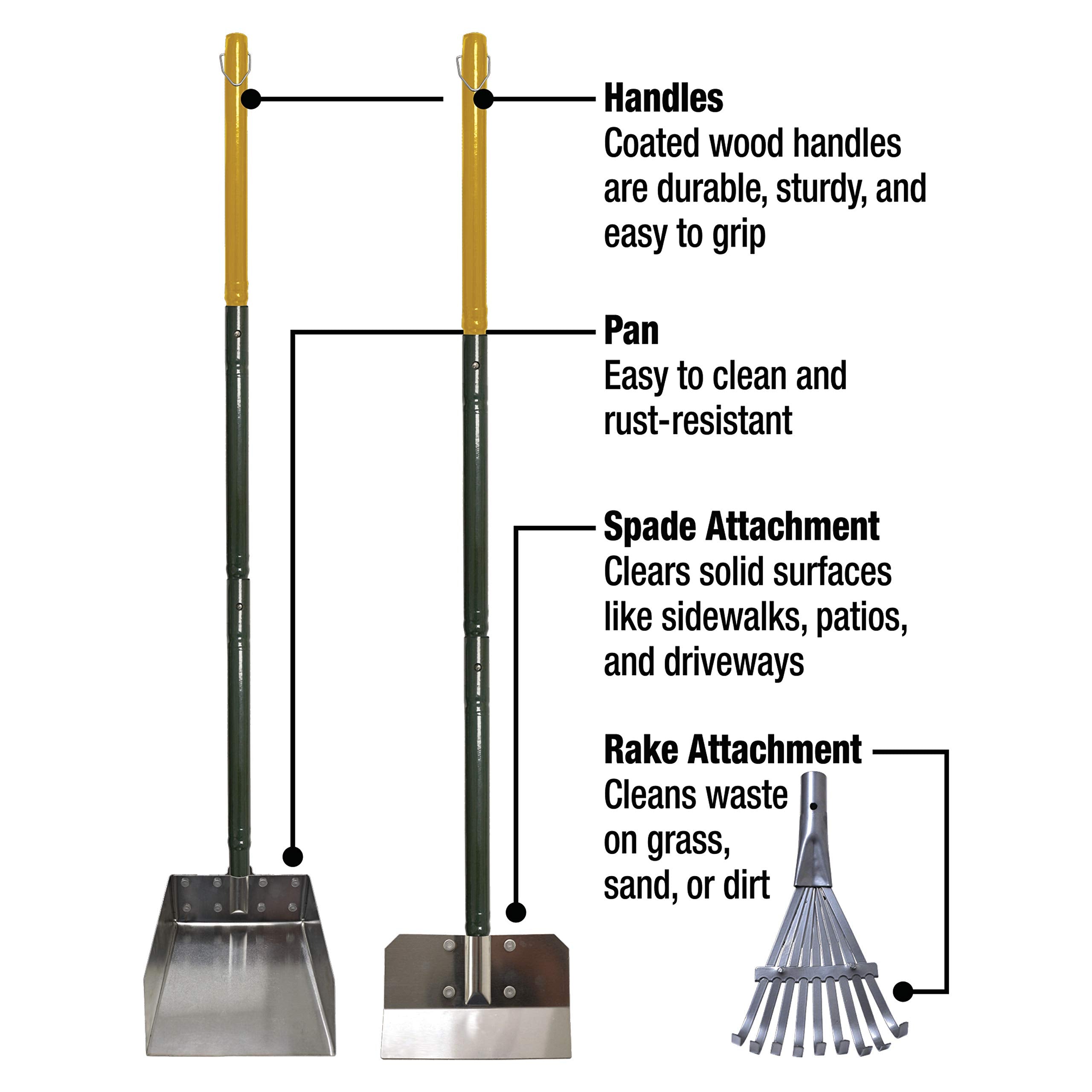 Four Paws Stainless Steel Long-Handled Dog Pooper Scooper Rake, Spade, & Pan 3 Piece Set, Pet Waste Pickup Tool, 38' X 10'