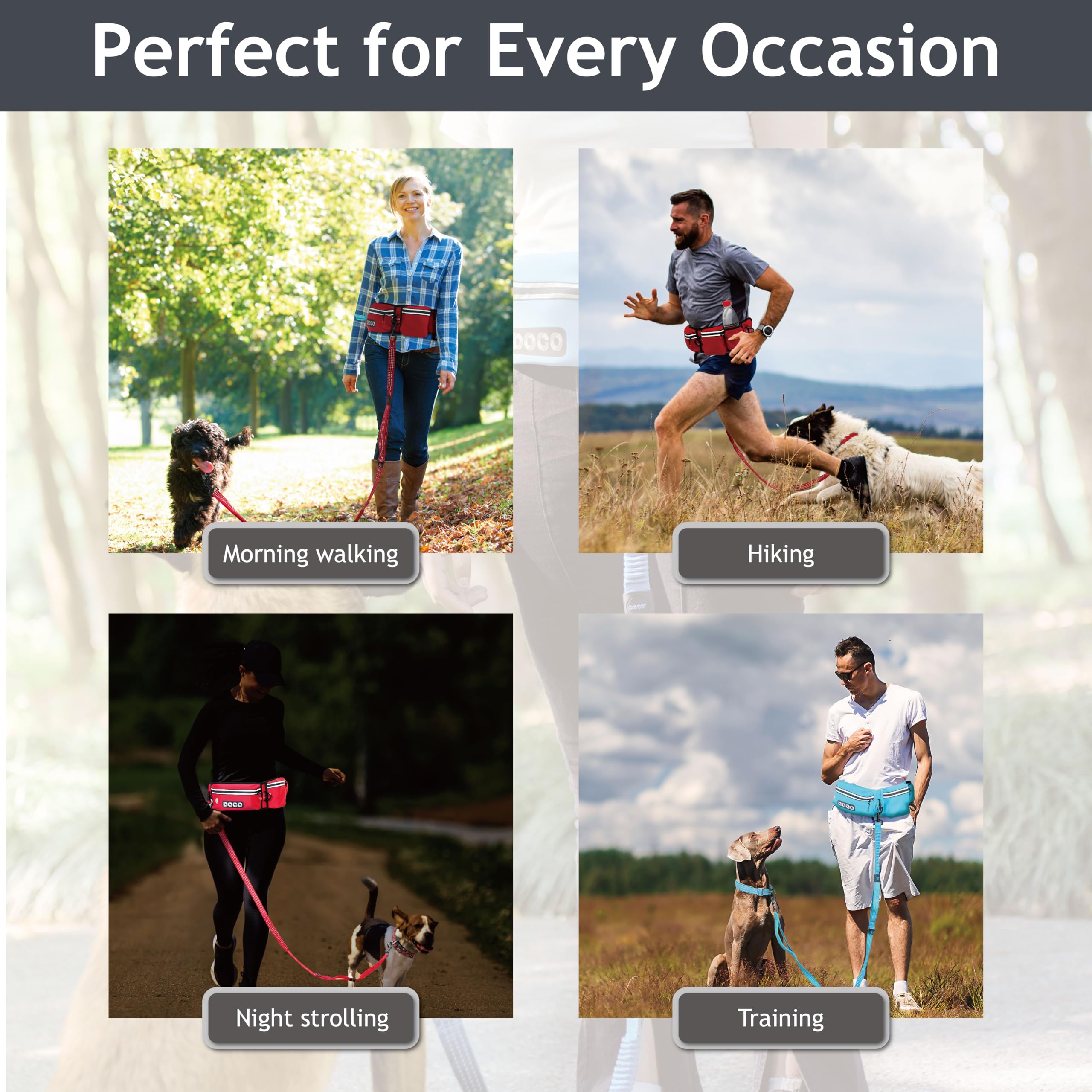 Doco Heavy Duty Hands Free Dog Leash For Running, Walking, Jogging - Adjustable Waist Belt, Reflective Stitching, Bungee Design, Dual Handles For Large Dogs (Turquoise)