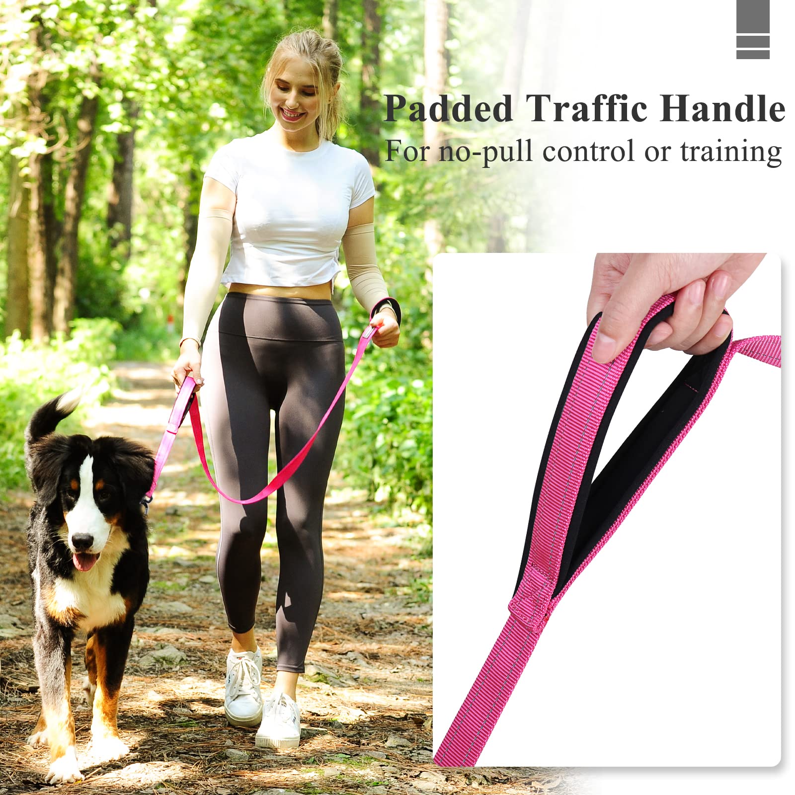 Vivaglory Dog Leash With Lightweight Aluminum Clasp & 2 Padded Handles, 4Ft Nylon Dog Leash Lead Heavy Duty Safety No Pull Climbing Climbers Carabiner Clip Training Leash For Medium Large Dogs Pink