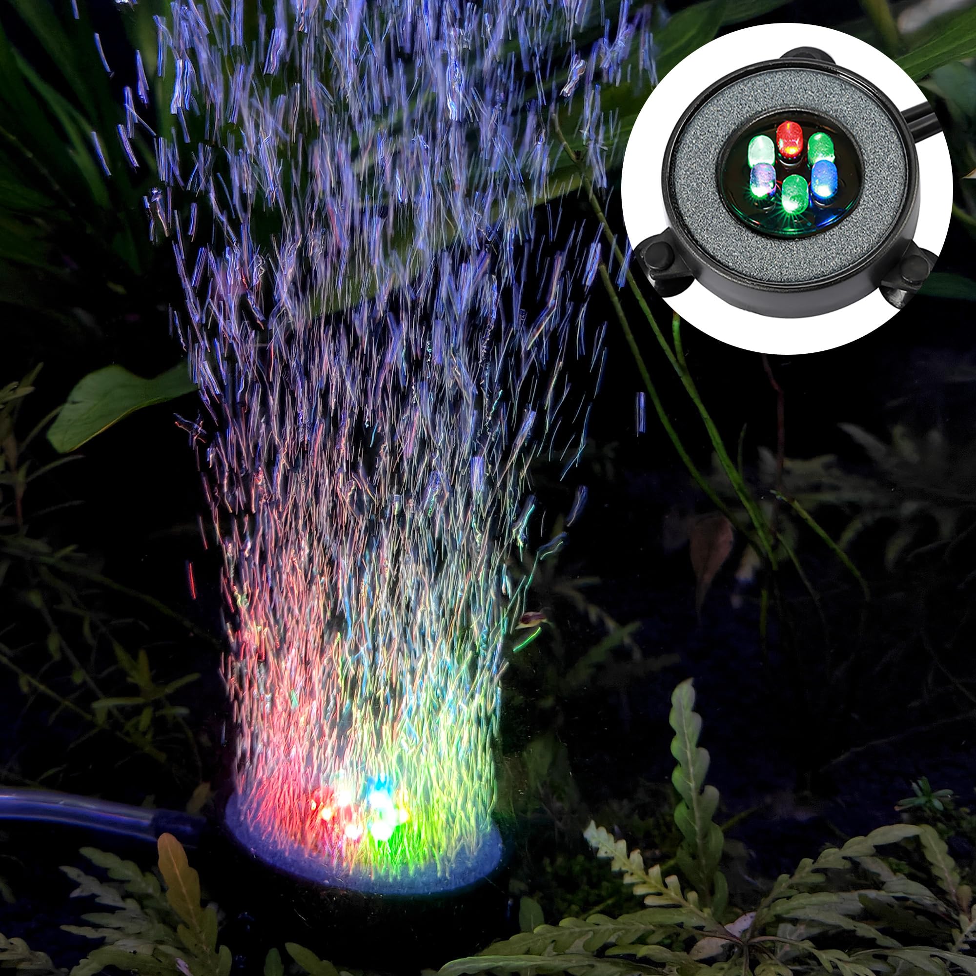 Nicrew Multi-Colored Led Aquarium Bubbling Stone Disk, Round Fish Tank Bubbler With Auto Color Changing Leds