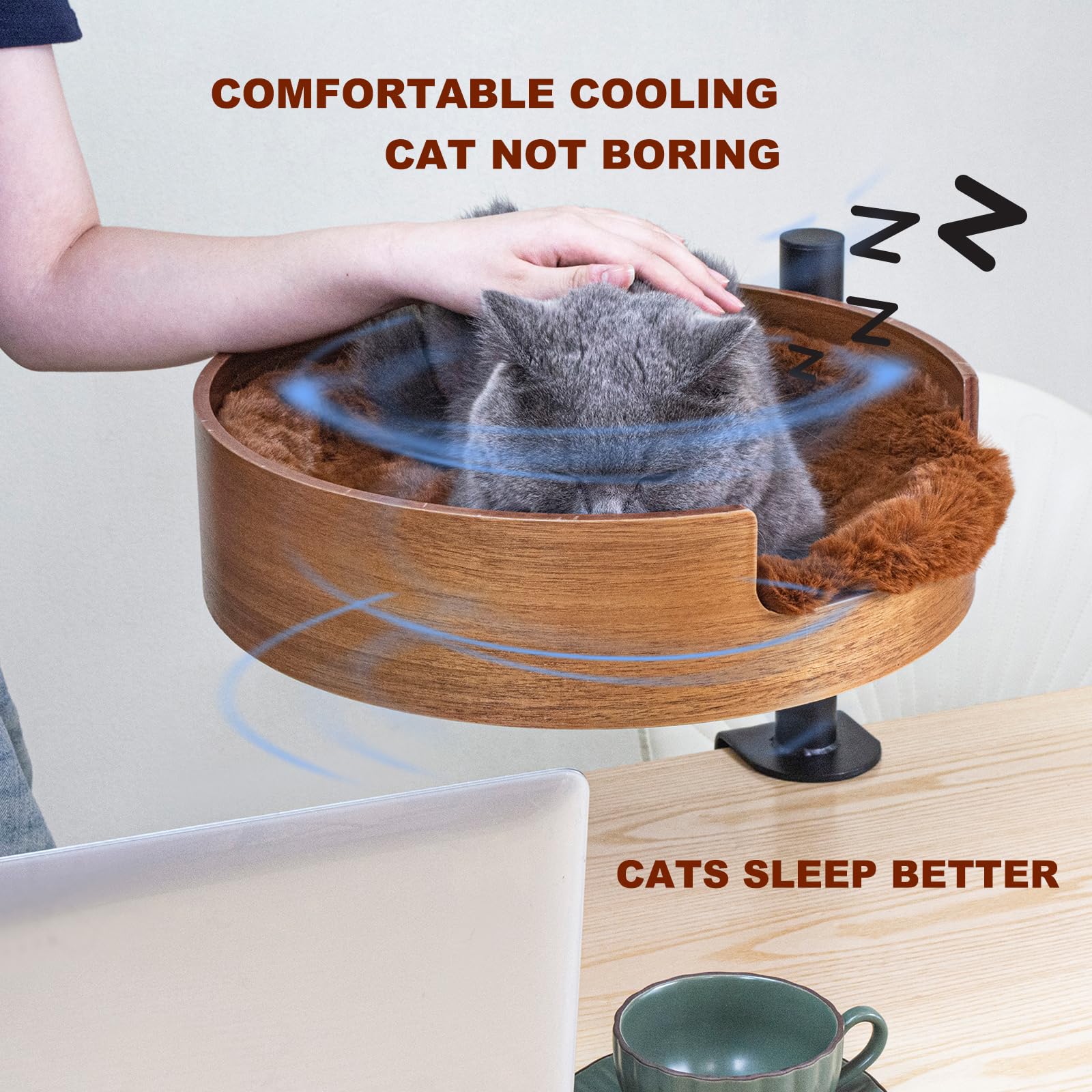 Zbuq Cat Bed Desk With Pet Mat, Cat Hammock For Desk, Cat Bed Desk With Wooden Bowl, 360 Rotation And Adjustable Height, Coffee