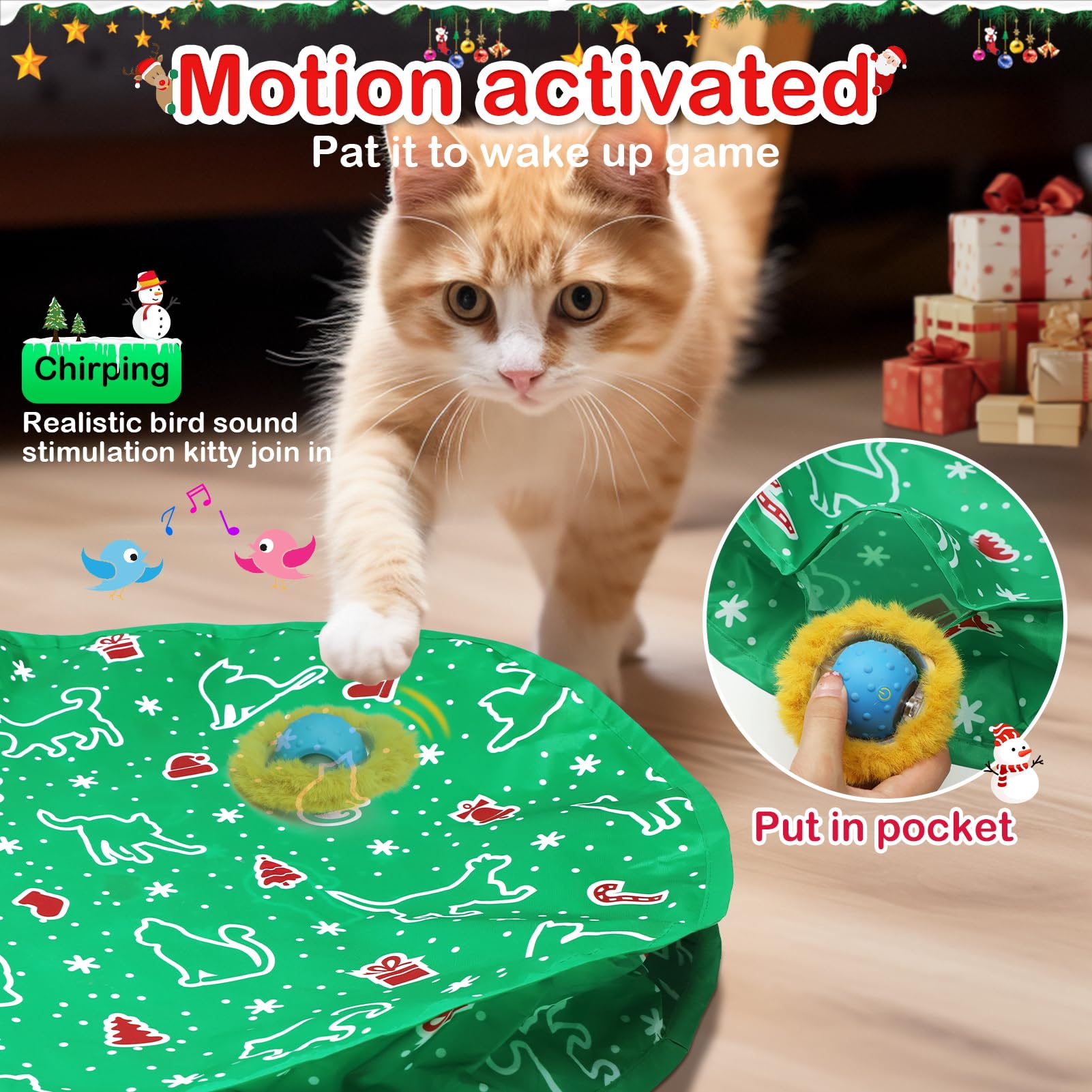 Giociv Interactive Cat Toys Ball Fast Rolling In Pocket, Motion Activate Chirping Cat Toy Hide And Seek Mouse Catching Game