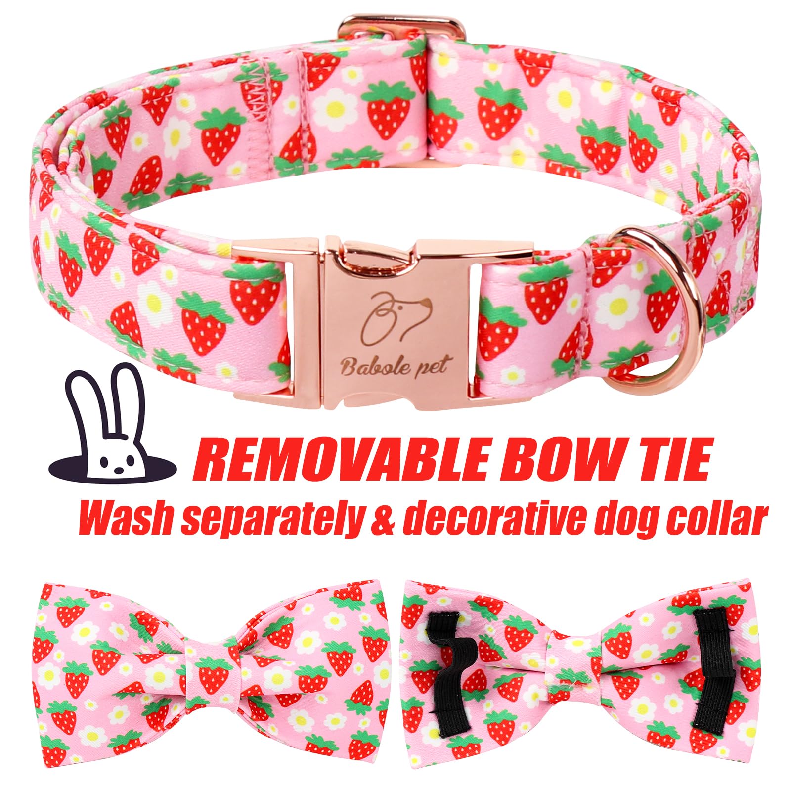 Babole Pet Cute Strawberry Dog Collar With Bow Tie - Adjustable Spring-Summer Pink Bowtie Collar Breathable Comfort Dog Collars