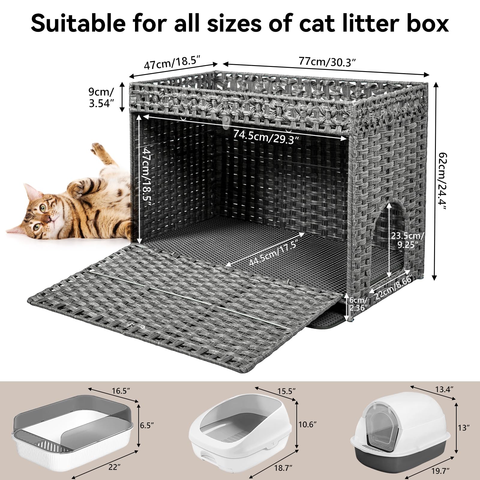 Doveaid Cat Litter Box Enclosure Furniture Hidden, Pet House Litter Box Furniture For Large Cats, Handwoven Rattan With Door Cat