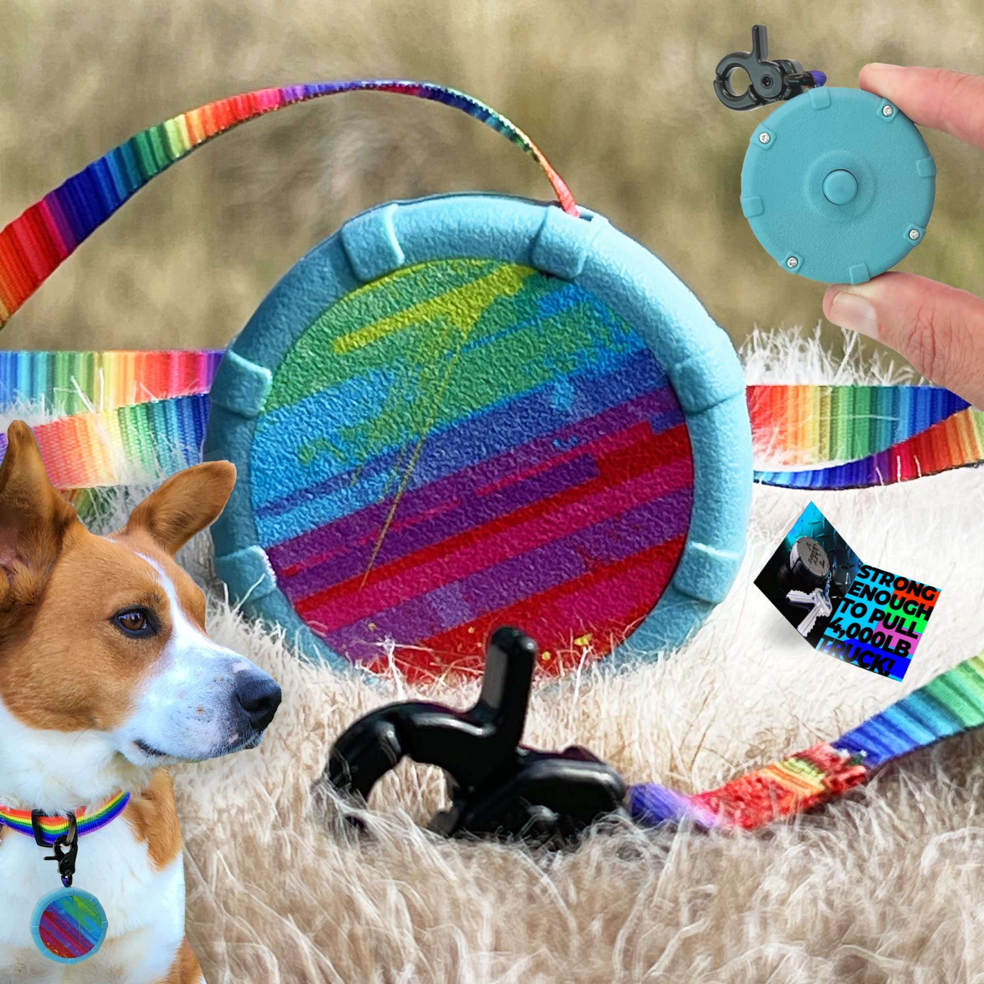 Rainbow Wearable Mini Adjustable Dog Leash For Hiking, Training & Adventure. 40'' Powerful Lightweight, Retractable Keychain Cli