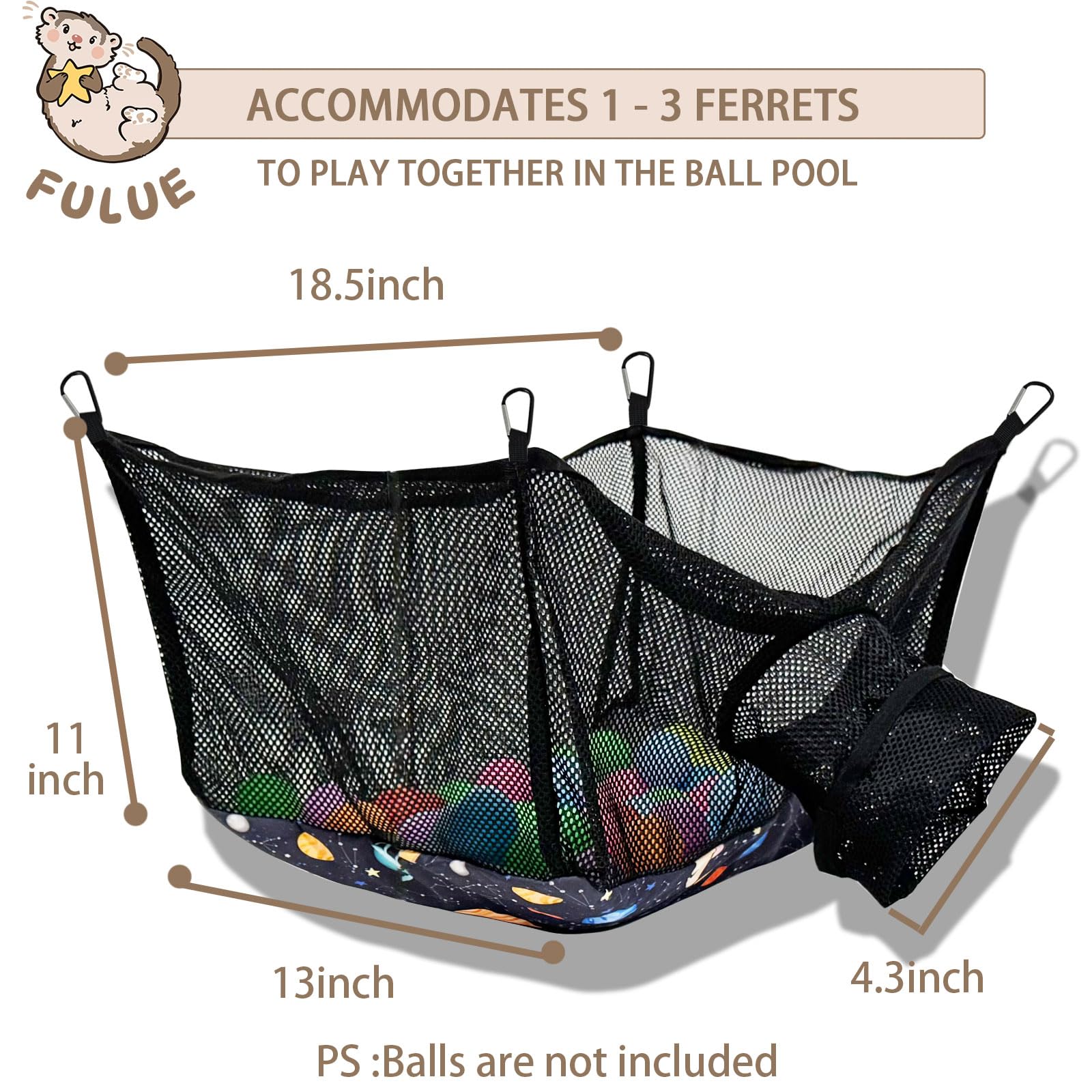 FULUE Ferret Ball Pit Hammock Playpen Toy Box for Cage, Compatible with Tunnel System, Black, Ball Not Included