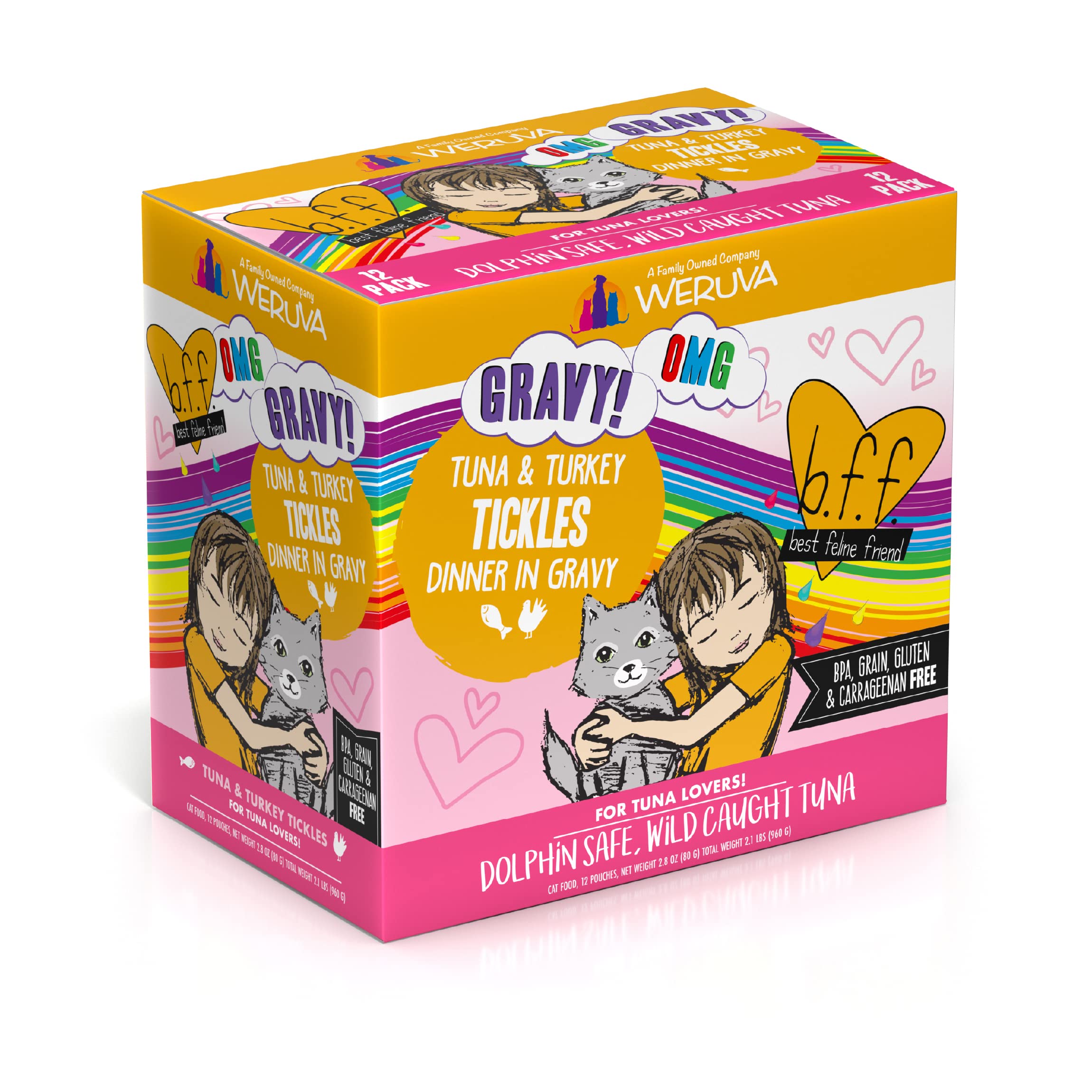Weruva B.F.F. OMG - Best Feline Friend Oh My Gravy!, Tuna & Turkey Tickles with Tuna & Turkey in Gravy Cat Food, 3oz Pouch (Pack