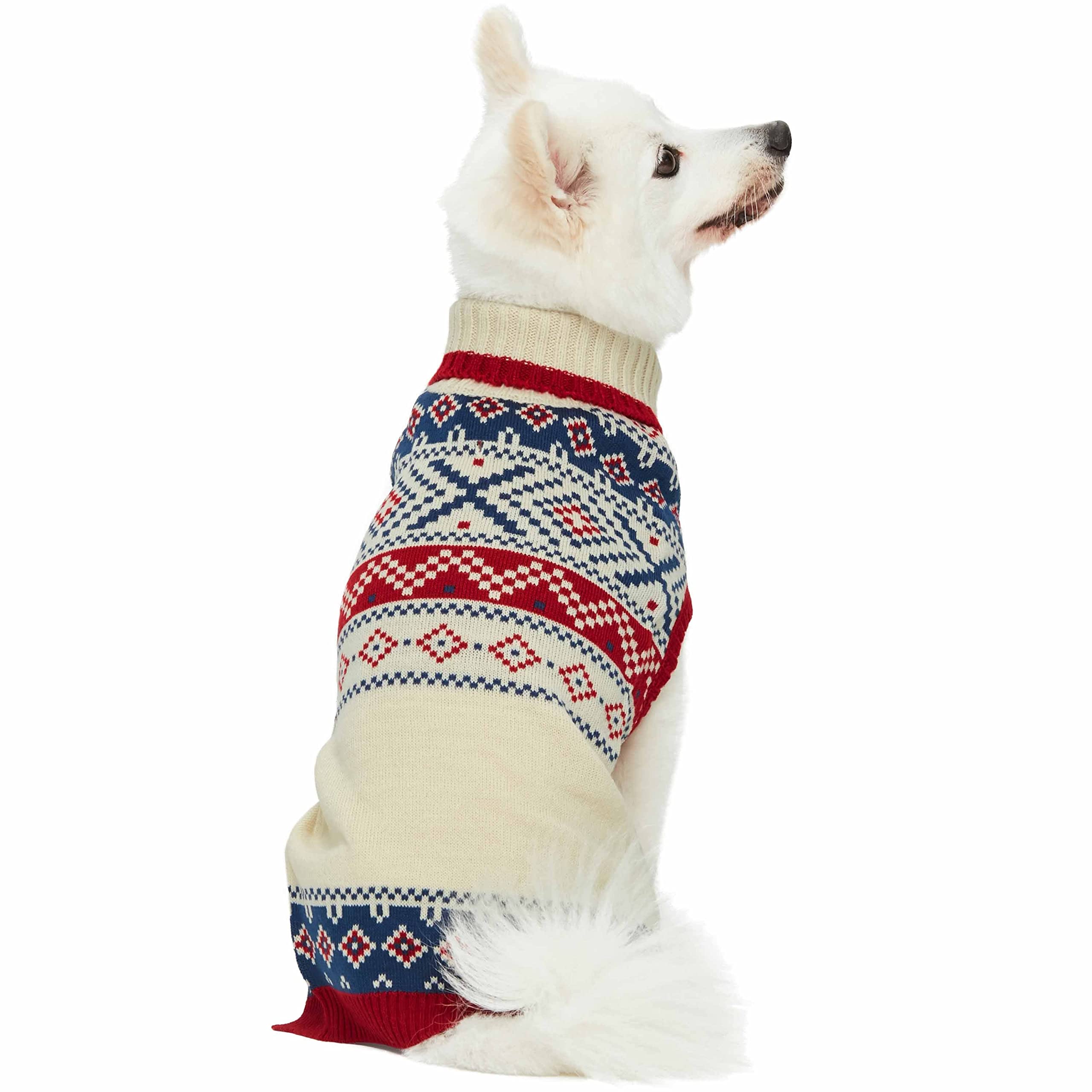 Blueberry Pet Holiday Christmas Chic Turtleneck Fair Isle Fall Winter Pullover Dog Sweater In Creamy White, Back Length 20', Warm Clothes For Large Dogs