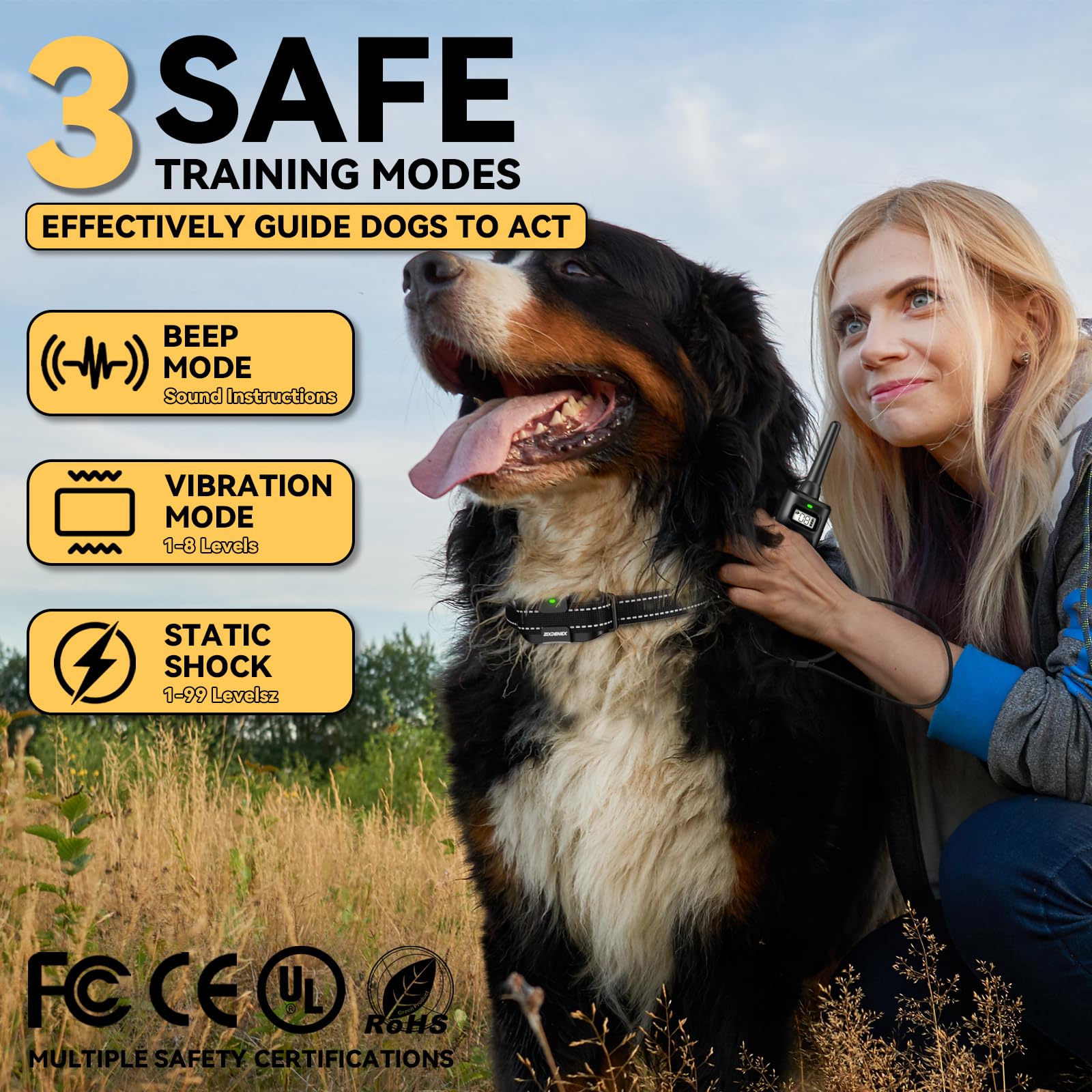 Dog Training Collar - 3200Ft Dog Shock Collar With Remote Control, Ipx7 Waterproof Dog Collar With Beep, Vibration, Safe Shock 3