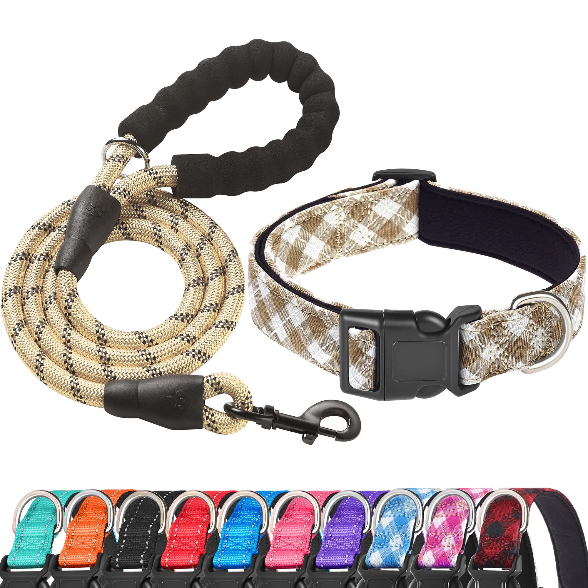 Ladoogo Reflective Dog Collar Padded With Soft Neoprene Breathable Adjustable Nylon Dog Collars For Small Medium Large Dogs (Large (Pack Of 1), Vanilla Plaid Collar+Leash)