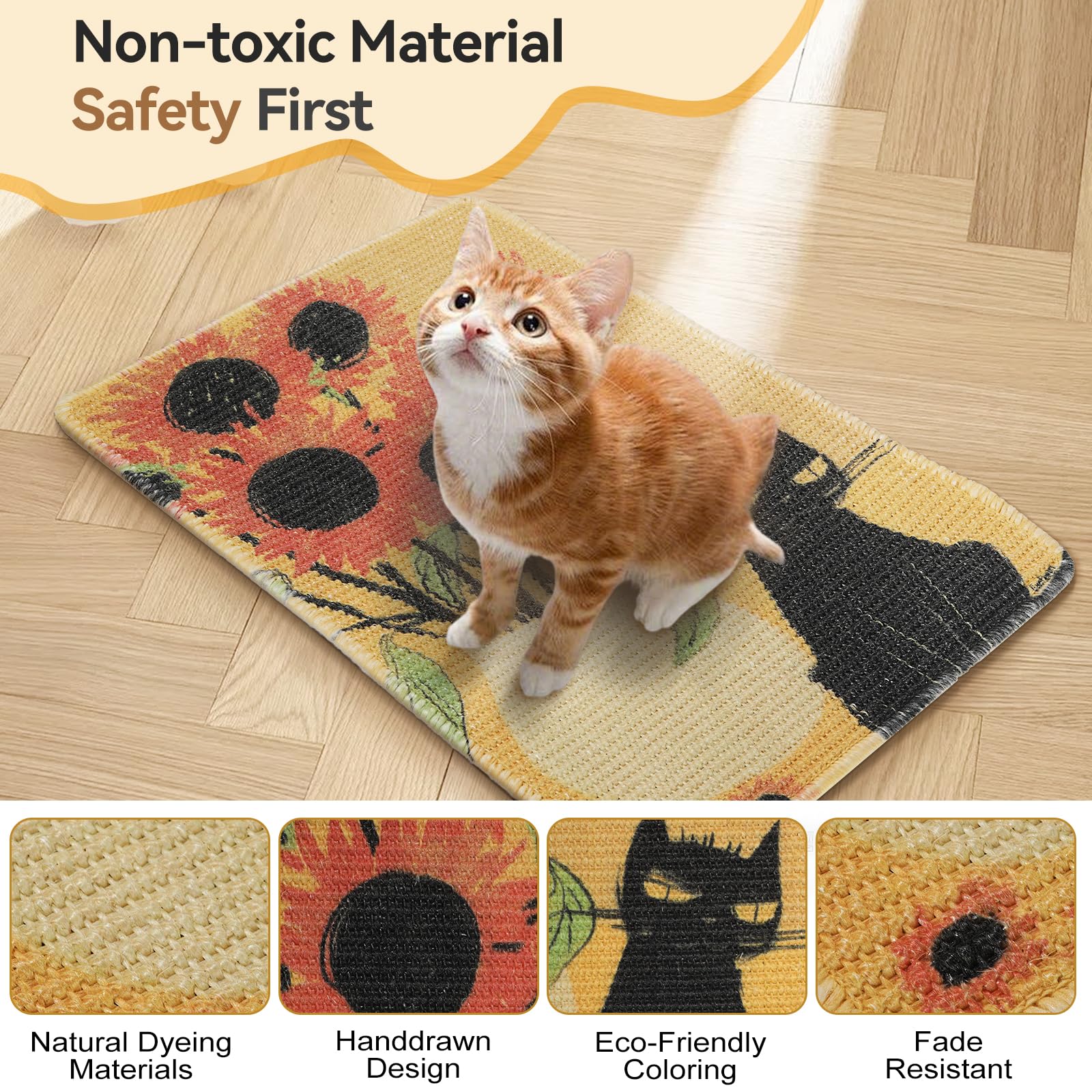 3-In-1 Sisal Cat Scratch Mat Sunflower 23.6X15.7'' Floor & Wall Cat Scratcher Pad, Protects Carpet Couch & Furniture With Sticke