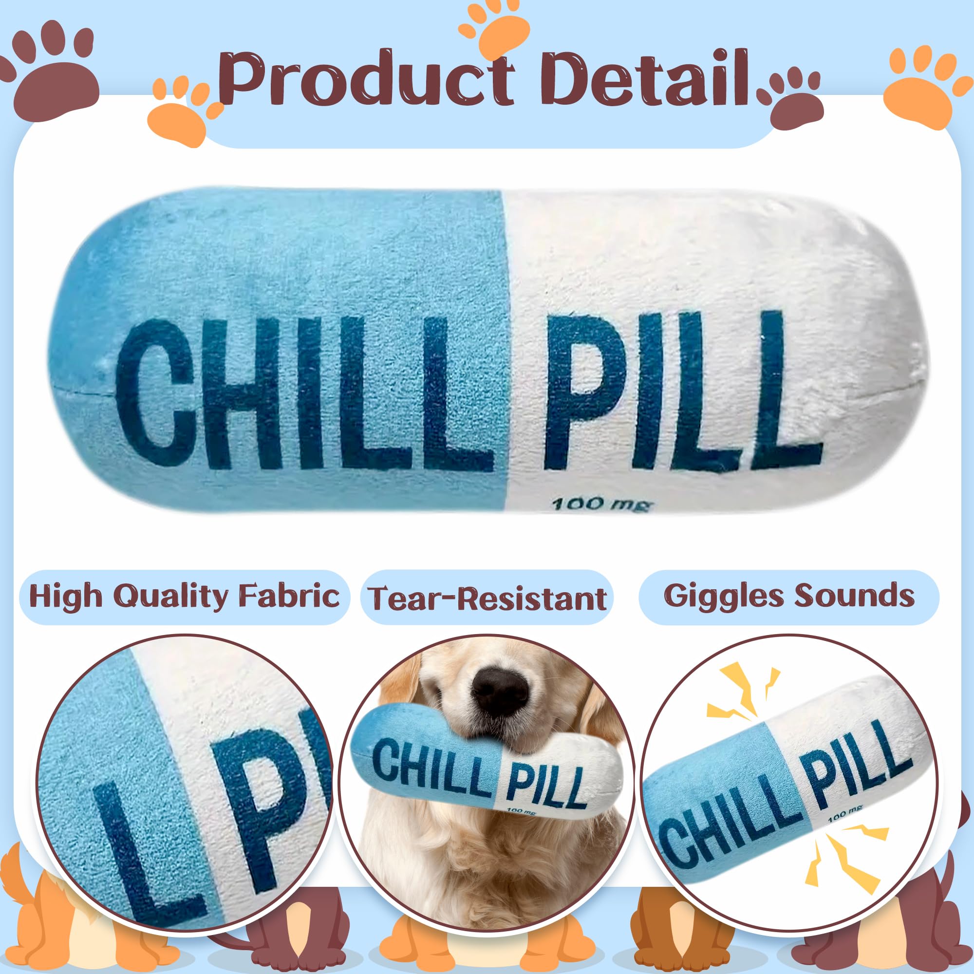Cuweipeng Squeaky Dog Chew Toy - Blue Chill Pill Capsule Teething Funny Small Dog Squeaky Soft Plush Pet Toy Bite Kick Indoor In