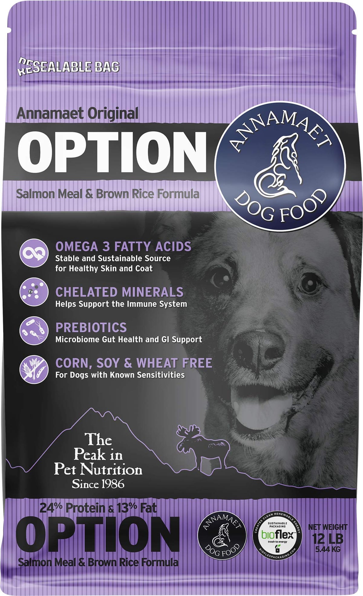 Annamaet Original Option Formula Dry Dog Food, 24% Protein (Salmon & Brown Rice), 12-Lb Bag