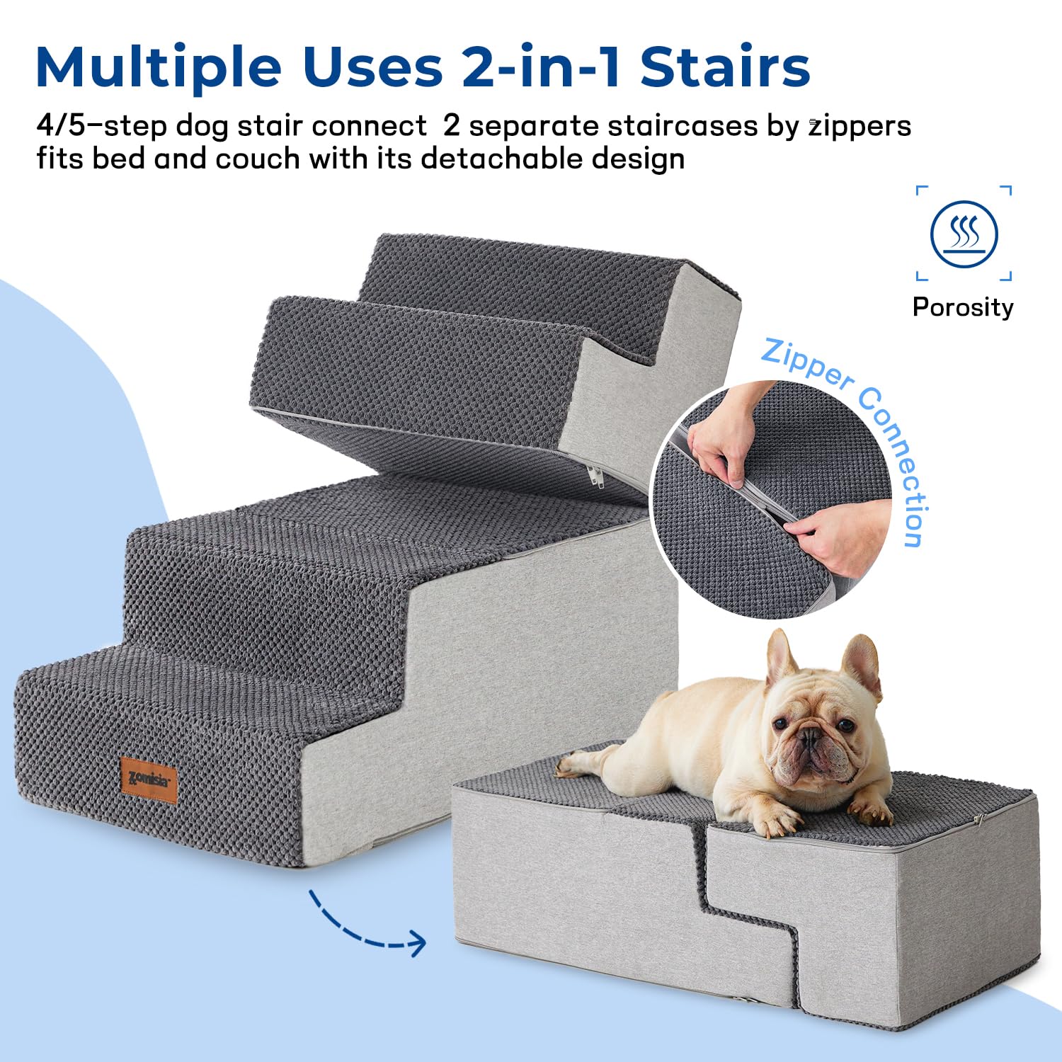 Zomisia Dog Stairs For Small Dogs - Pet Stairs 2 In 1 With Zippers Suitable For Couch And Bed, 35D Foam Dog Steps With Non Slip
