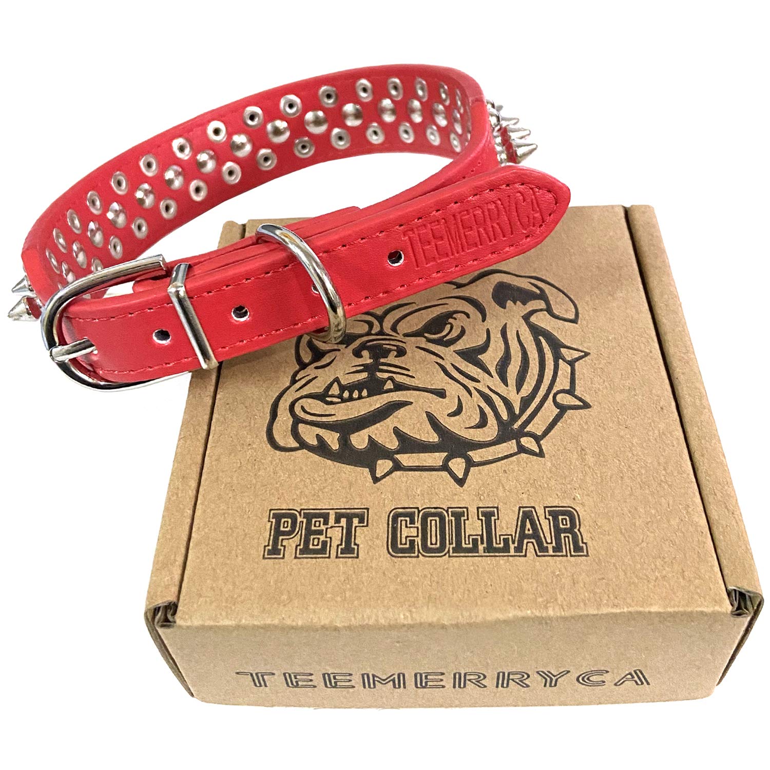 Teemerryca Adjustable Microfiber Leather Spiked Studded Dog Collars With A Squeak Ball Gift For Small Medium Large Pets Like Cats/Pit Bull/Bulldog/Pugs/Husky, Red, M(12'-15')