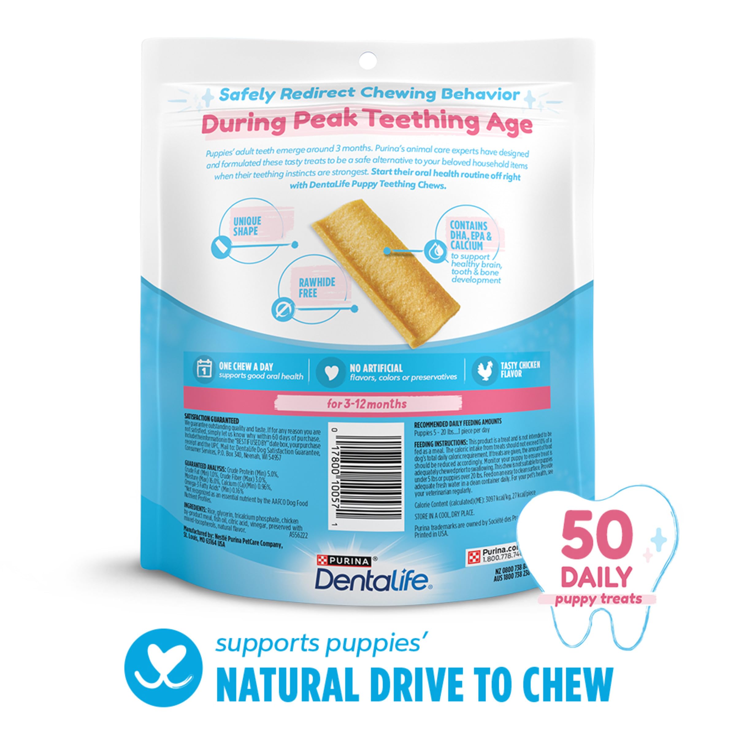 Dentalife Puppy Teething Dog Chews for Small Dogs 3 Months and Up, Chicken Flavor, 1.08 lb., 50 Chews - 50 ct. Pouch