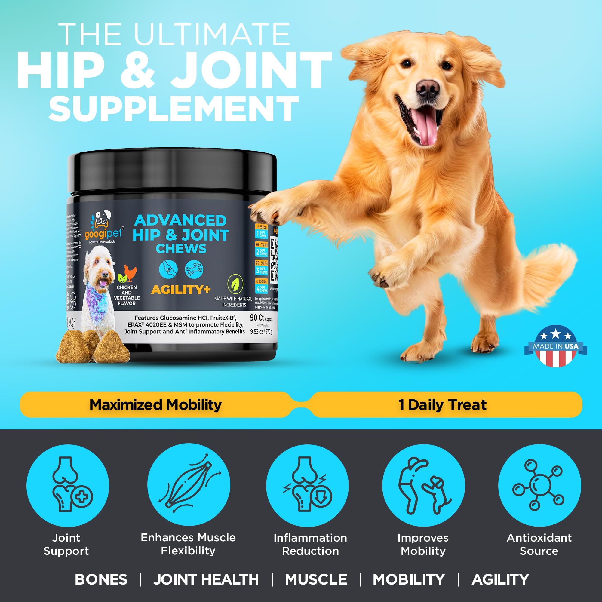 Googipet Hip and Joint Supplement for Dogs - Glucosamine for Dogs - Soft Chews w/Green Lipped Mussels, Turmeric, & Collagen for