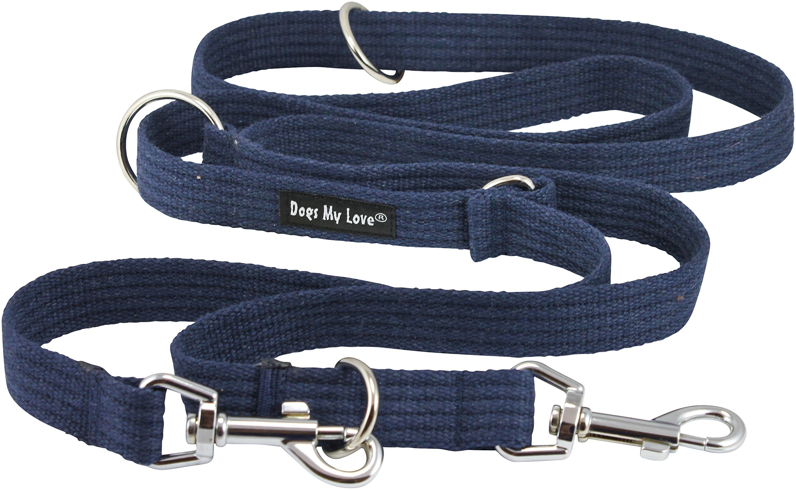 Dogs My Love 1' Wide Cotton Web 6-Way European Multi-Functional Dog Leash, Adjustable Lead 45'-78' Long, Large (Blue)