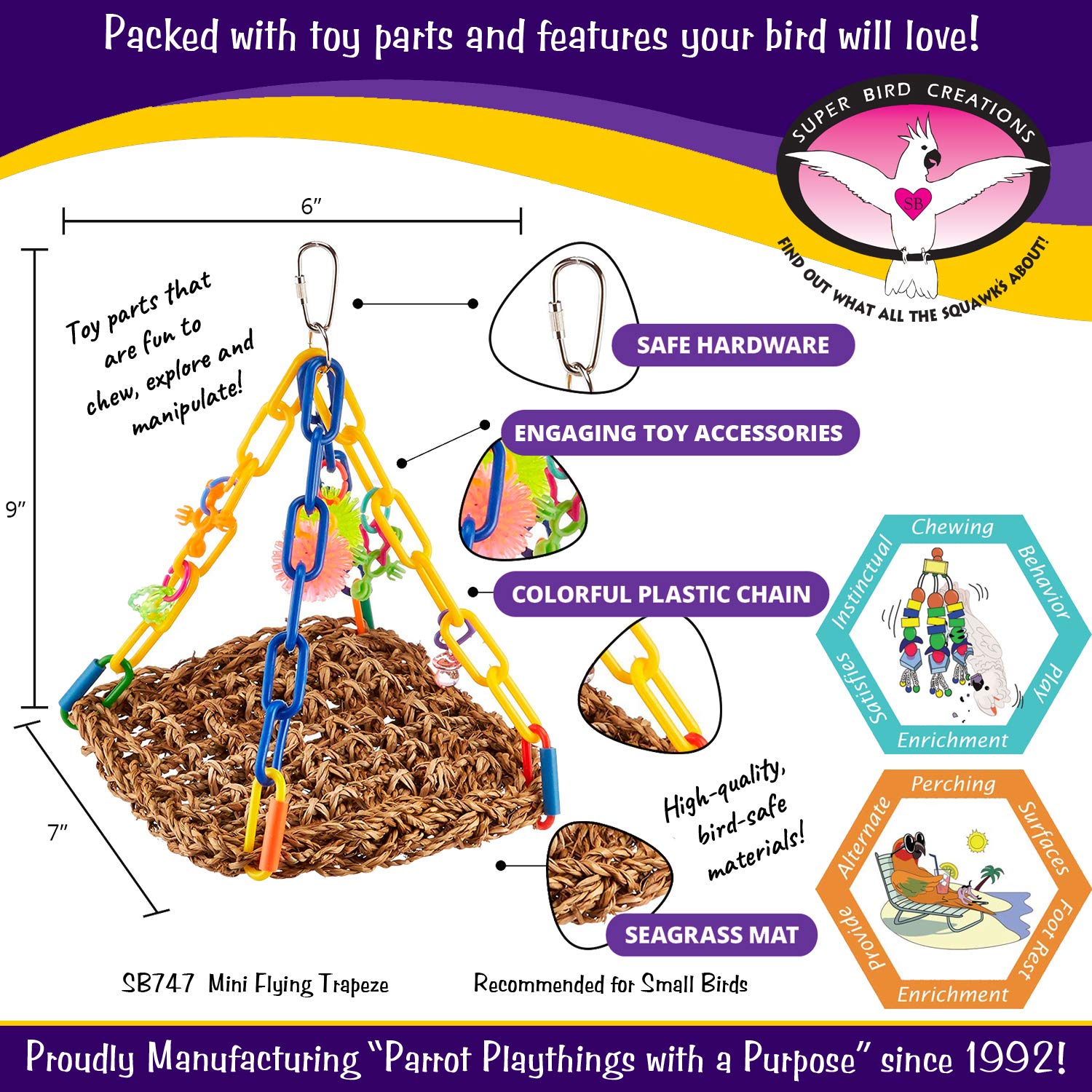 Super Bird Creations Sb747 Mini Flying Trapeze Bird Toy, Small Bird Size, 6” X 7” X 9”