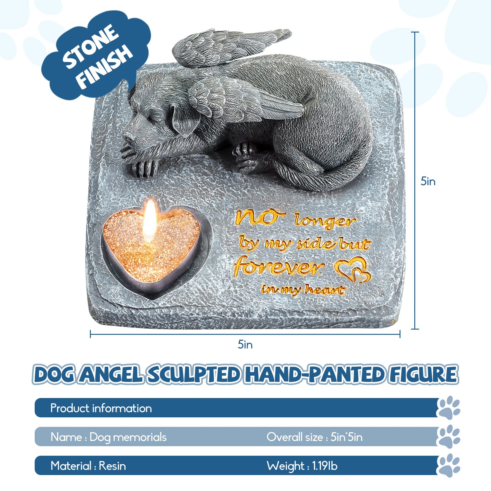 Camsoon Dog Memorial Angel Statue With Candle, Pets Loss Gifts - Hand-Painted, Indoor/Outdoor Pet Memorial Stone Figurine