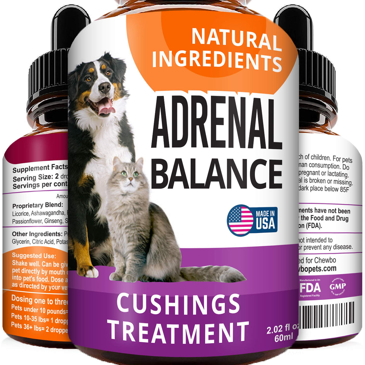 Adrenal Balance For Dogs And Cats - Cushings Treatment For Pets, Adrenal Support W/Ashwagandha, Licorice Root, Rhodiola Rosea - 2Oz Herbal Drops