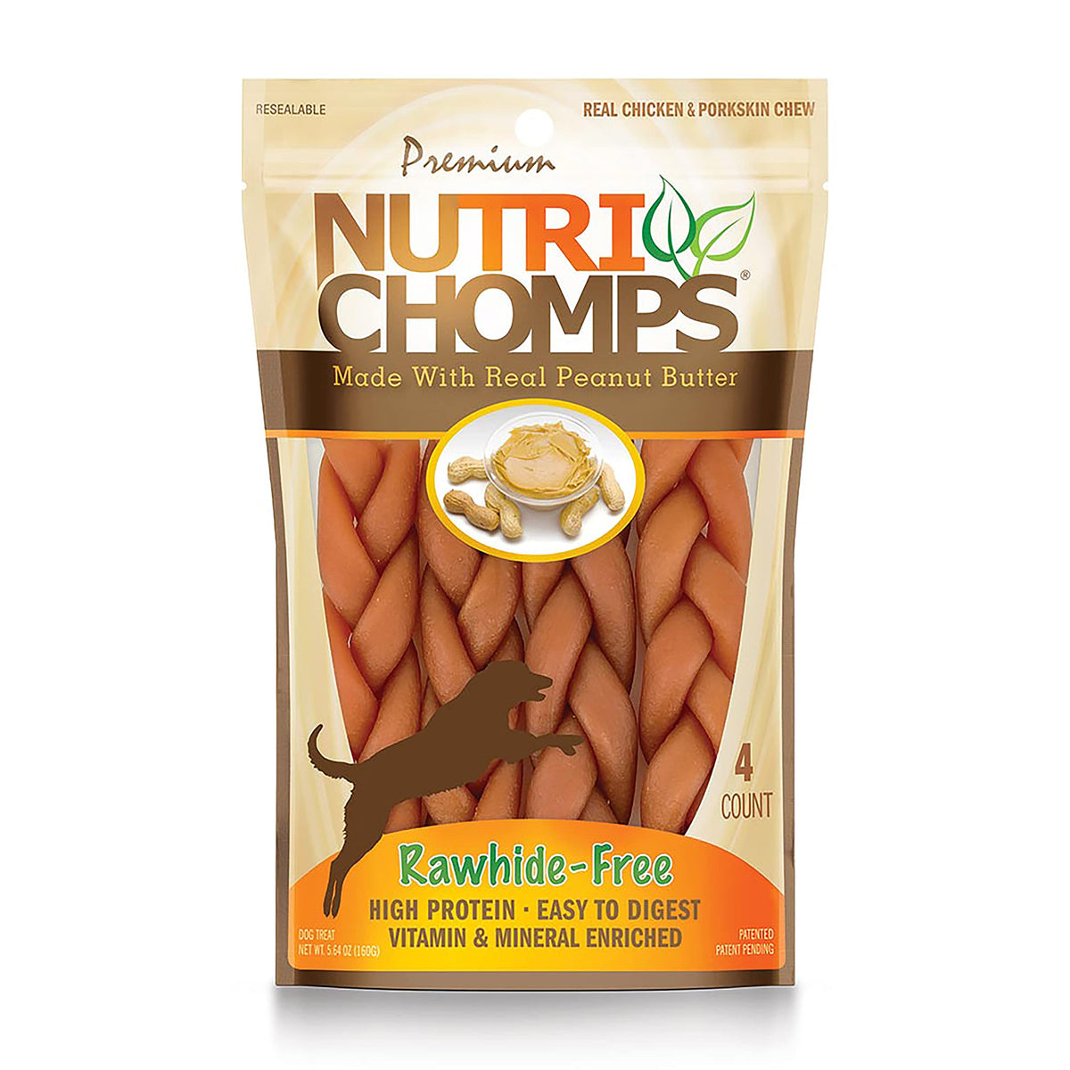 Nutrichomps Dog Chews, 6-Inch Braids, Easy To Digest, Rawhide-Free Dog Treats, Healthy, 4 Count, Real Peanut Butter Flavor