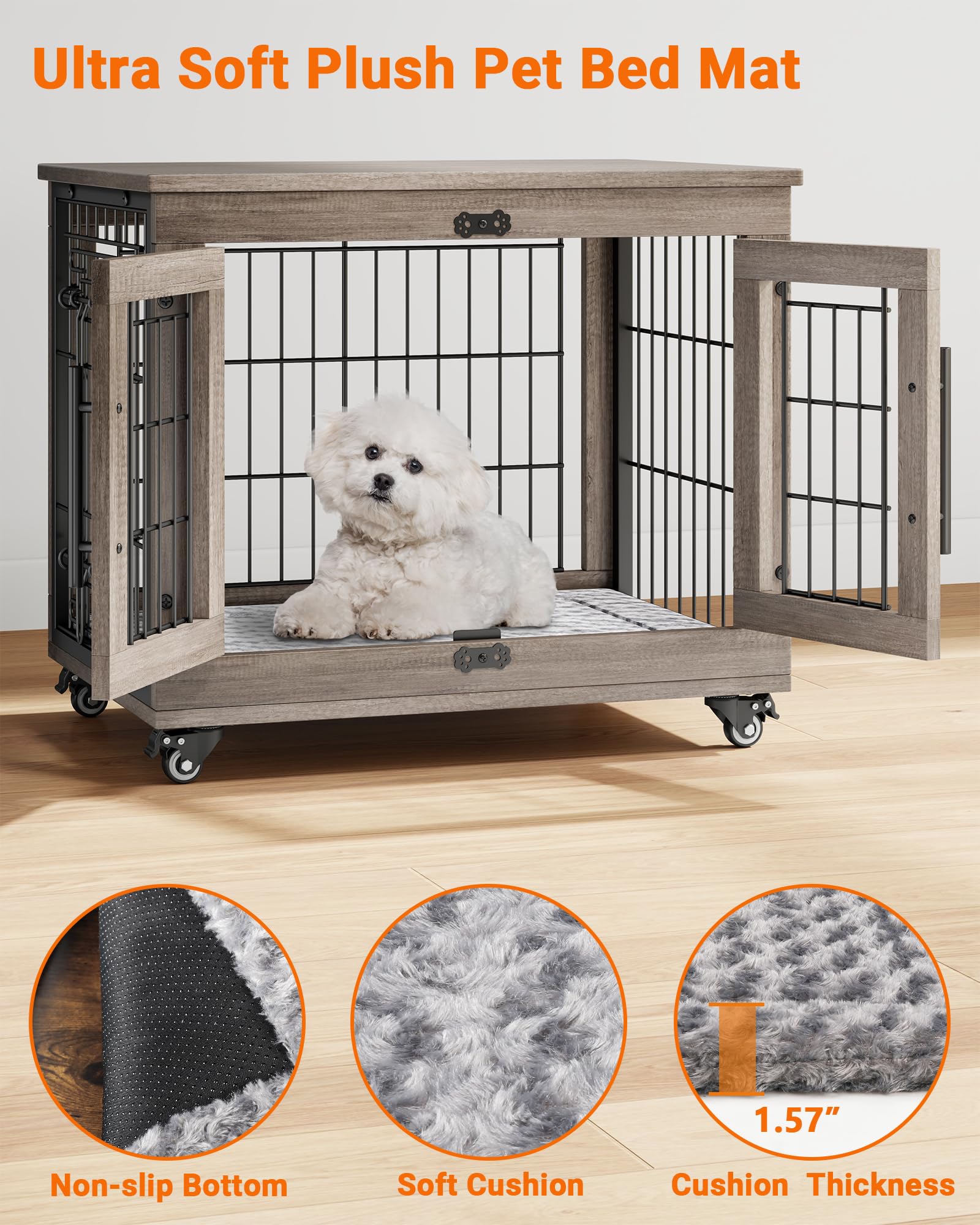 YaFiti Dog Crate Furniture with Cushion, Wooden Dog Kennel Indoor with Double Doors, Dog Cage with Wheels, Dog House Side End Ta