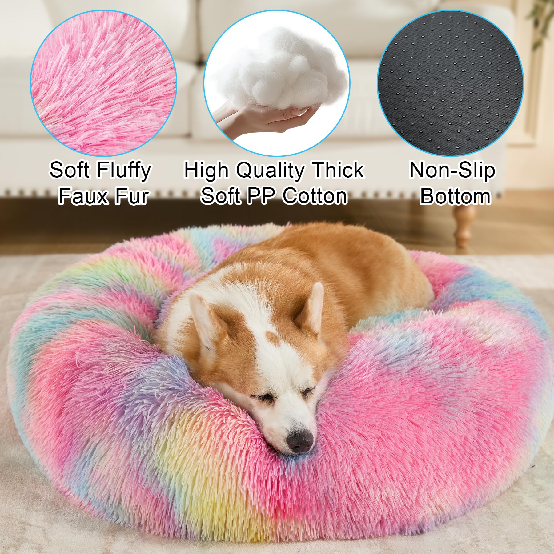 Kimpets Dog Bed Calming Dog Beds For Small Medium Large Dogs - Round Donut Washable Dog Bed, Anti-Slip Faux Fur Fluffy Donut Cuddler Anxiety Cat Bed(20'/27'/35') (S 20''X20'', Color)