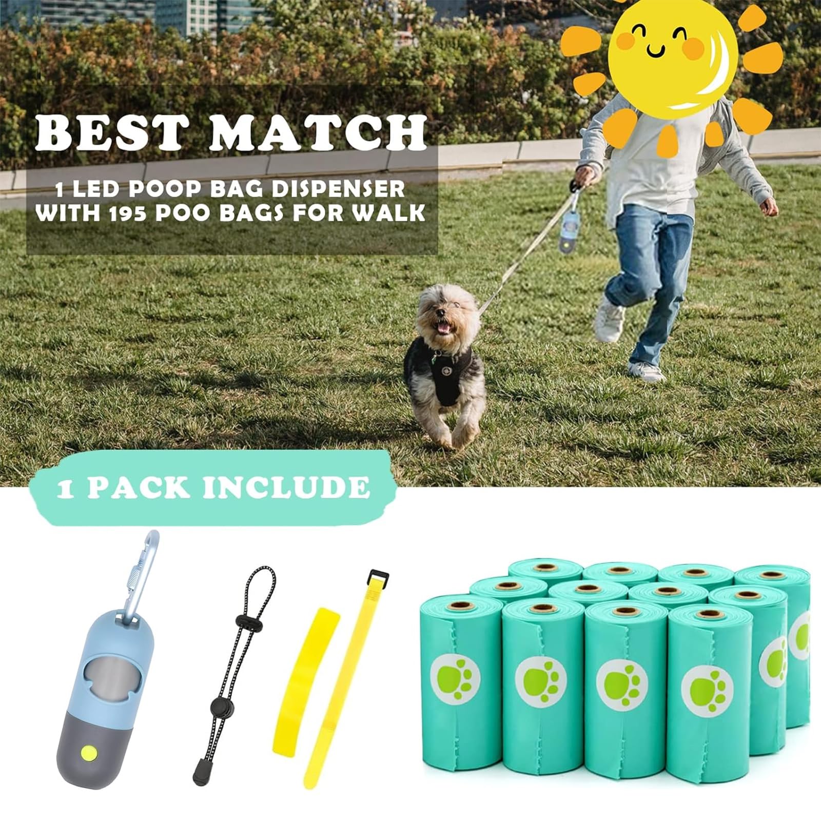 Dog Waste Bags Holder With Led Flashlight Doggie Poop Bags Dispenser With 13 Rolls Leak-Proof Pet Trash Bags Rechargable Usb Cab