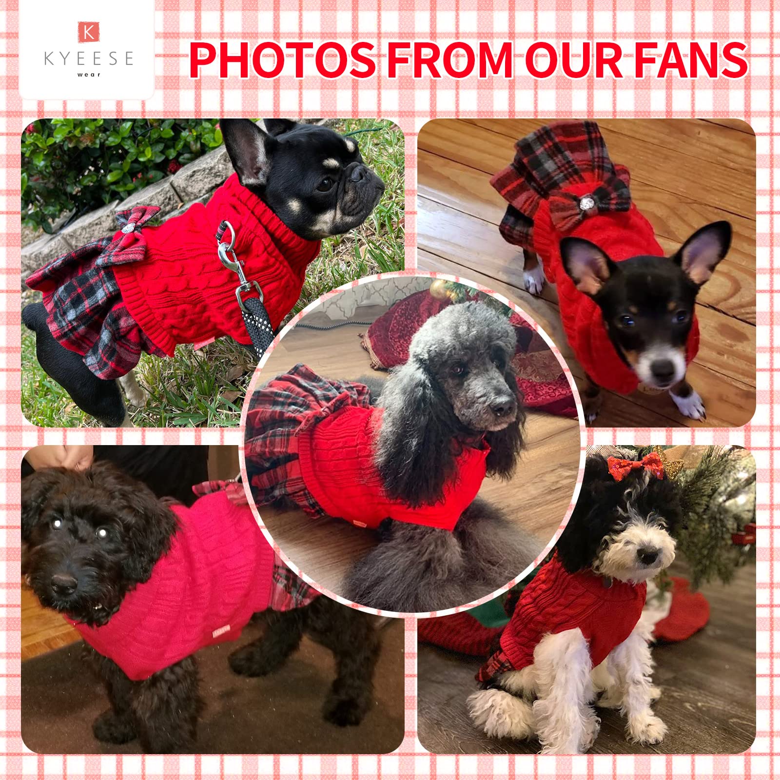 Kyeese Christmas Dog Sweater Dress With Bowtie Checkered Turtleneck Dog Sweaters For Small Dogs Warm Pet Sweater Knitwear Red