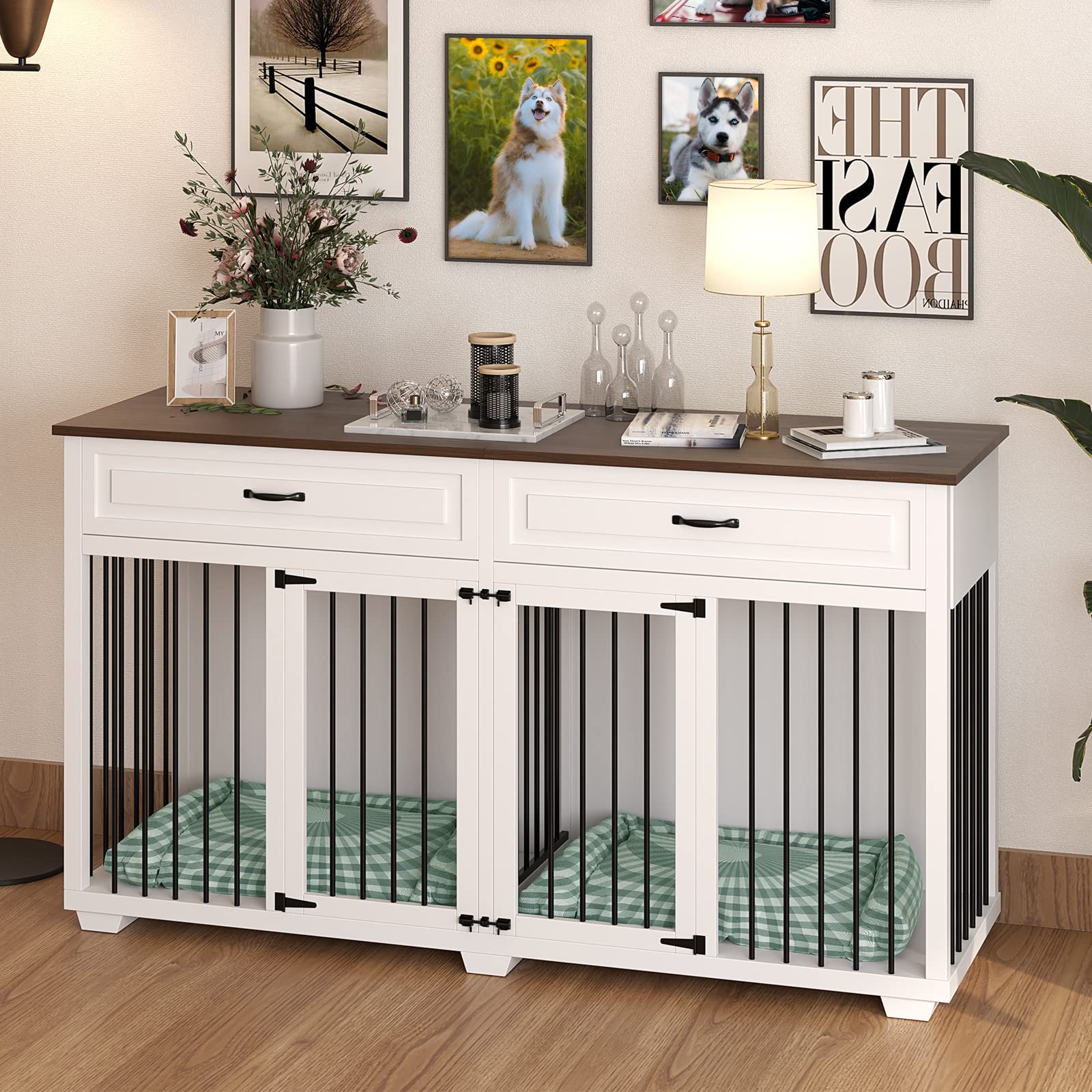 PIAOMTIEE Dog Crate Furniture, 72.4 Inch Wooden Indoor Dog Kennel Cage House, Modern Decorative End Table with Double Rooms, 2 D