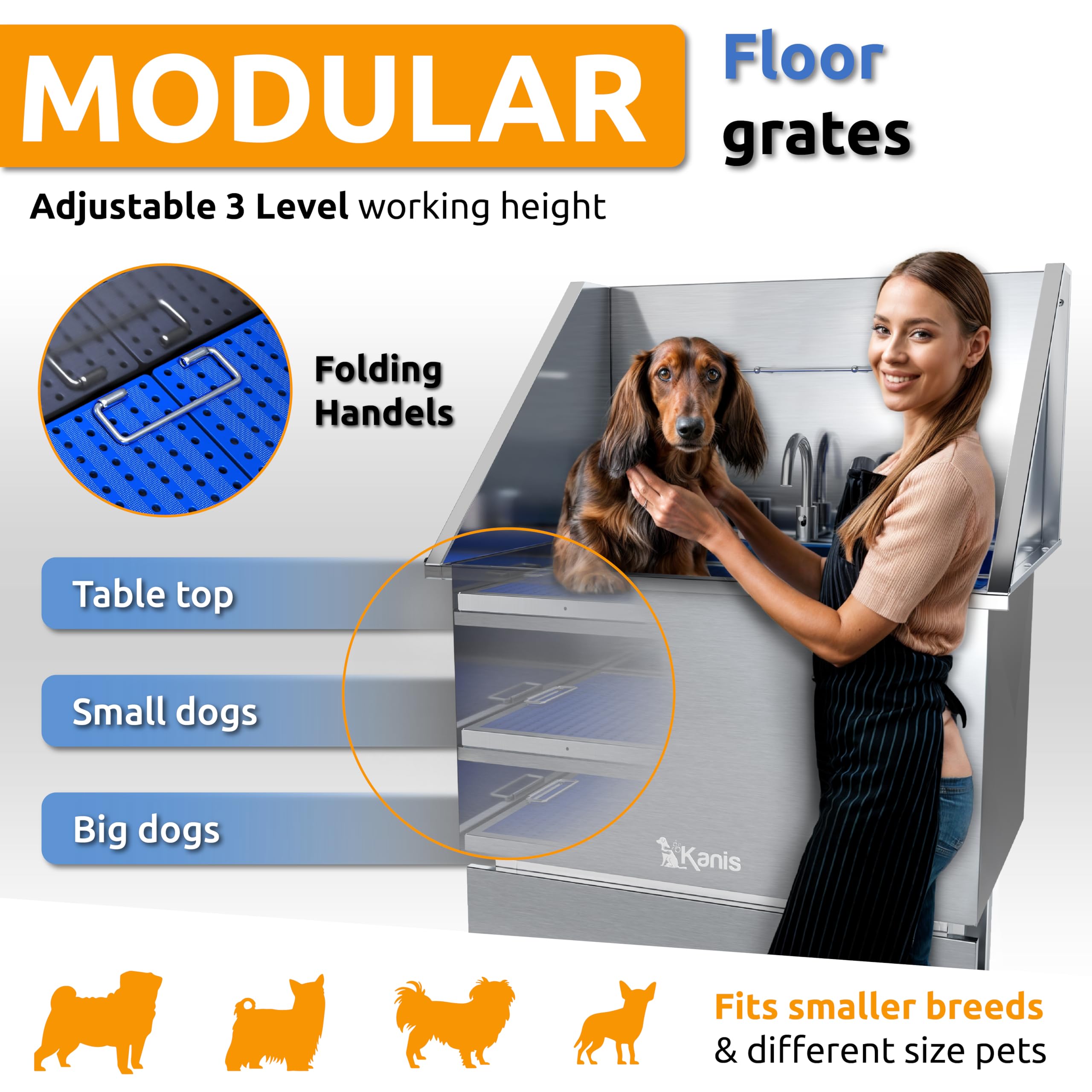 Kanis Professional Stainless Steel Dog Bathing Station - Grooming Tub With Storage Drawer, Floor Grate & Faucet/Dog Bathtub For