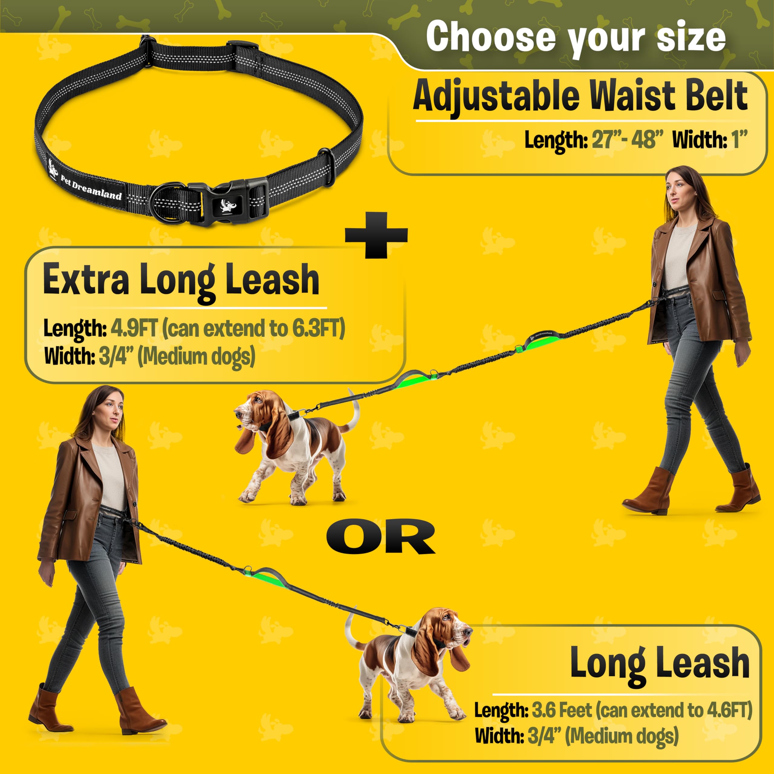 Pet Dreamland Retractable Hands-Free Dog Leash for Medium Dogs, Nylon, Black & Green, Ideal for Running and Hiking