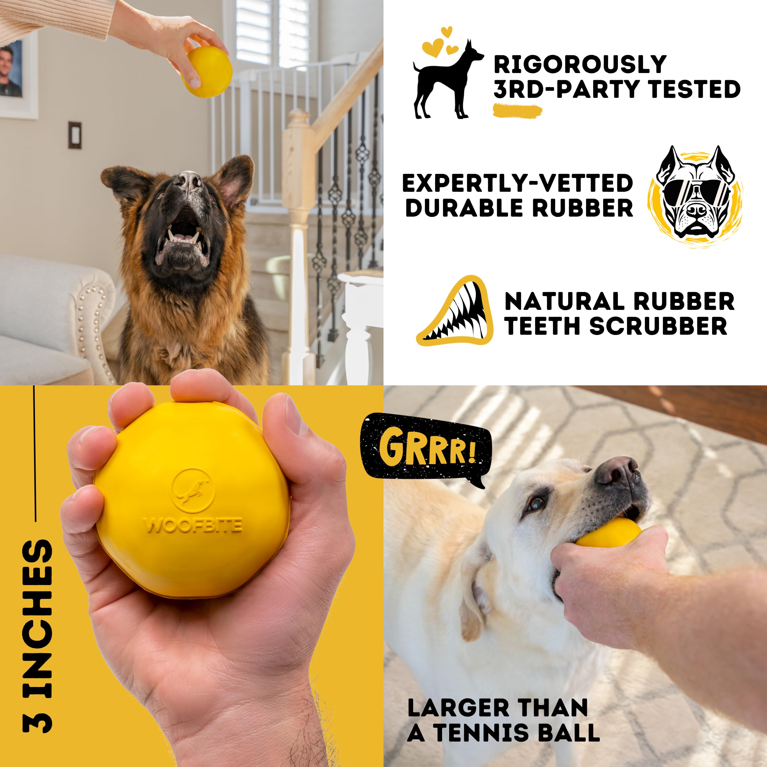 Woofbite Indestructible Dog Ball - Lifetime Replacement - Medium & Large Breed - Ultra Durable For Aggressive Chewers - Natural
