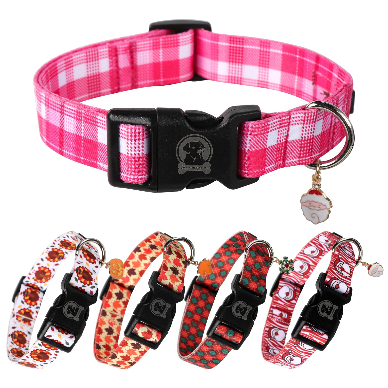 Mr. Chubbyface Christmas Webbing Dog Collar, Pink Plaid Pet Collar With Adjustable Buckle Christmas Collars For Small Medium Lar